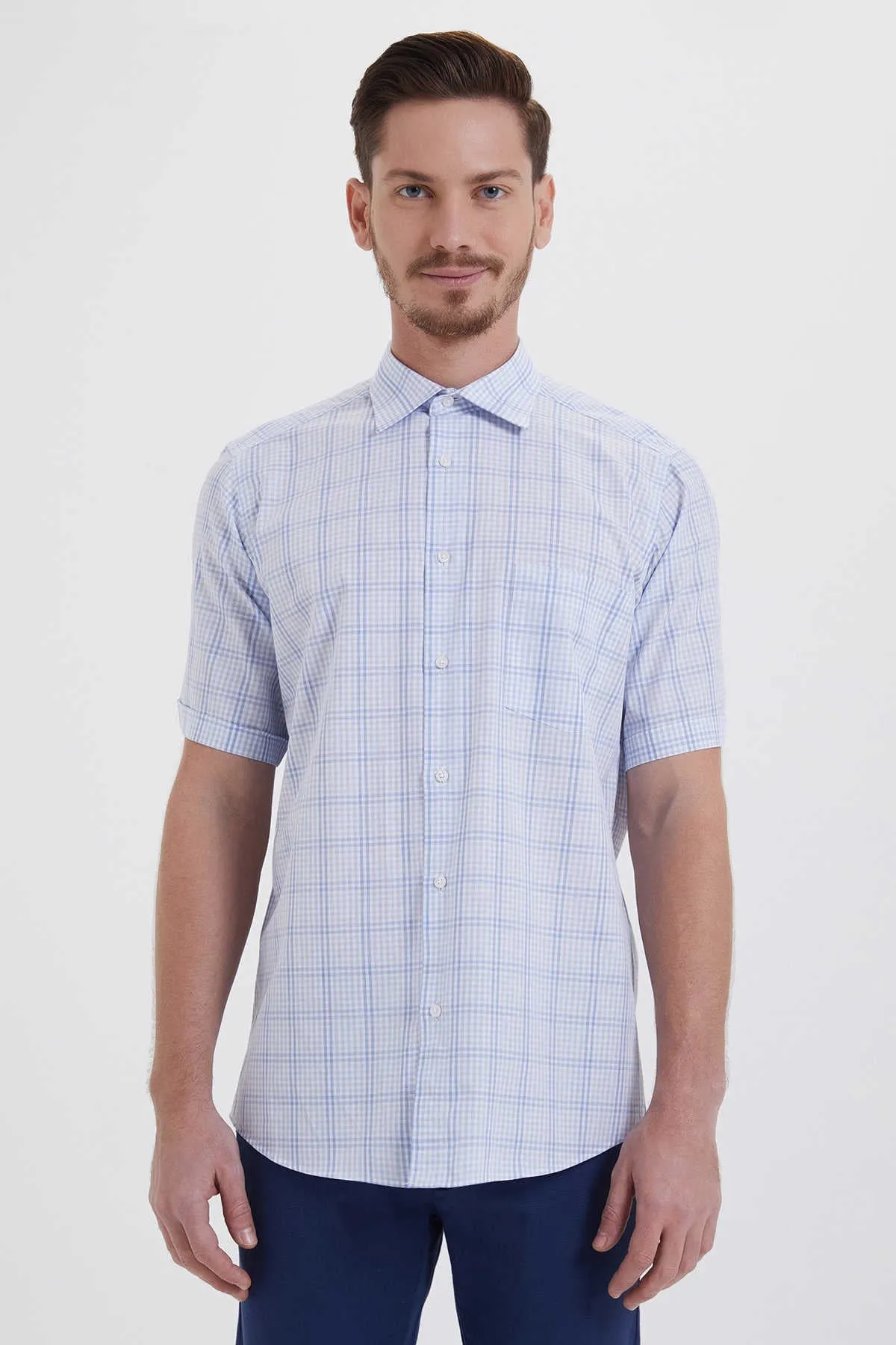 Regular Fit Plaid Cotton Blue Dress Shirt