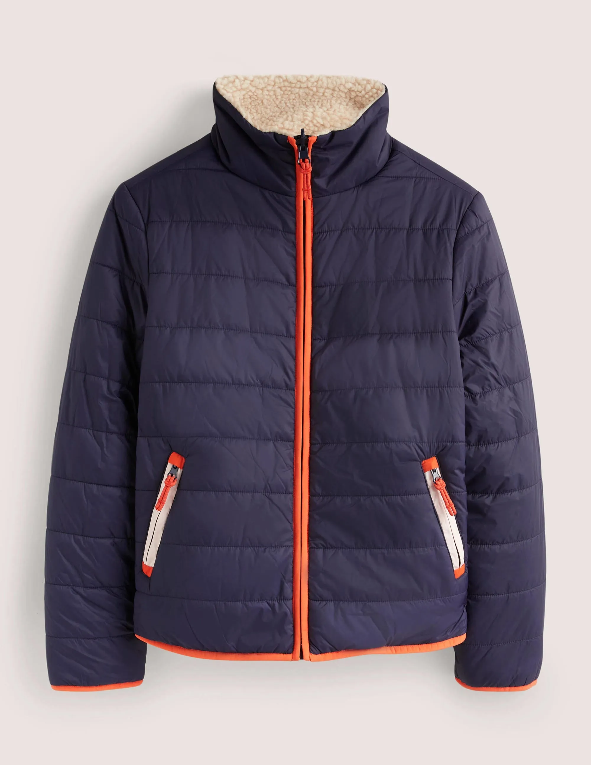 Reversible Borg Puffer Jacket-Navy and Tigerlily Red