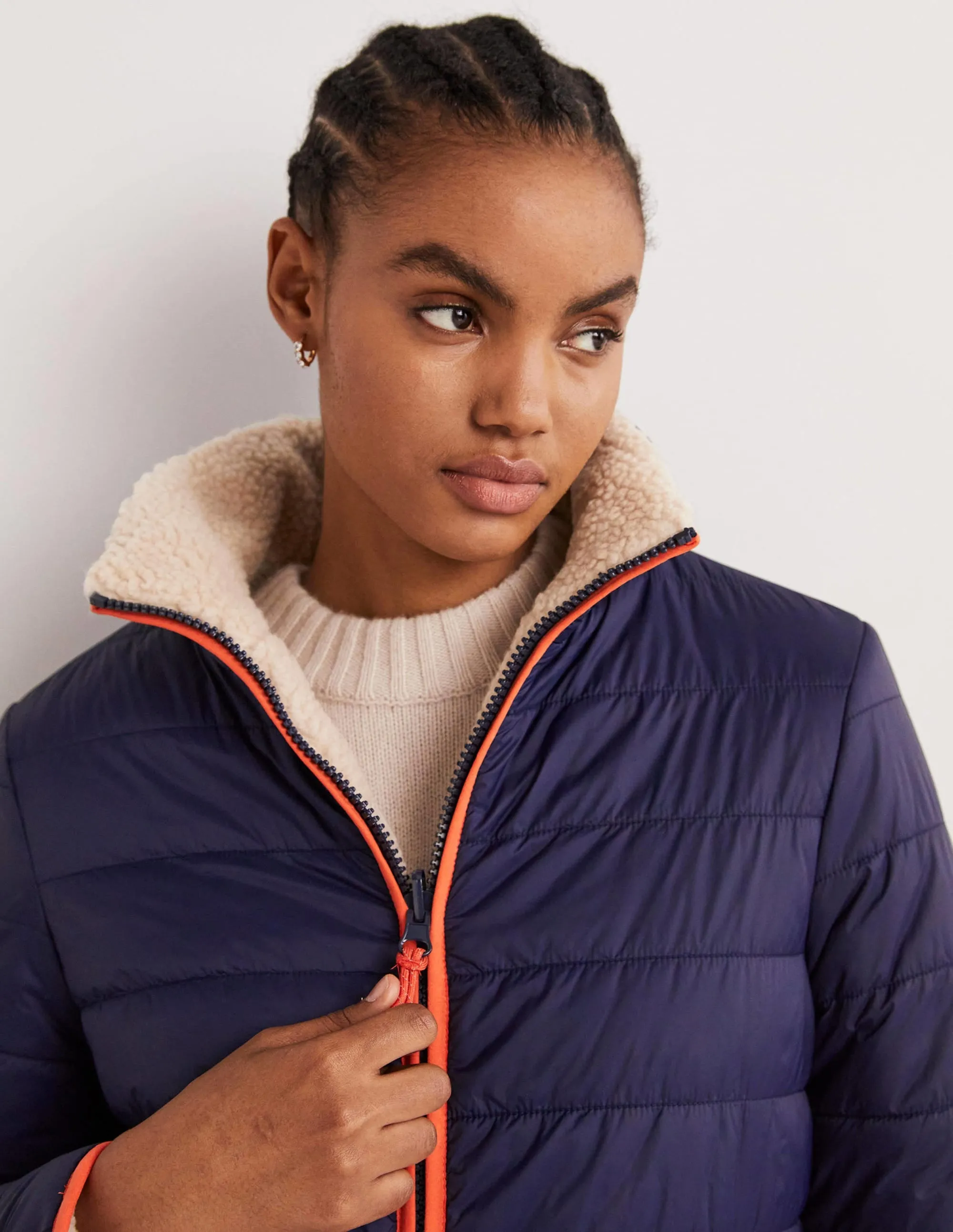 Reversible Borg Puffer Jacket-Navy and Tigerlily Red