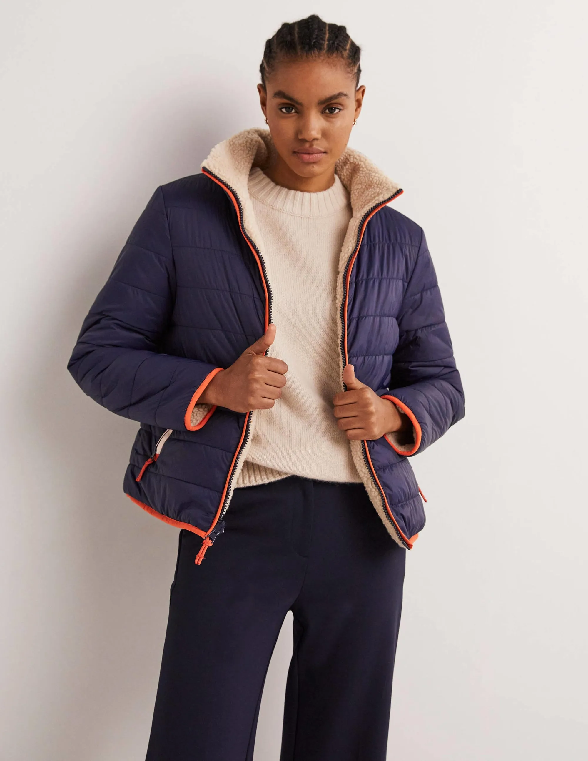 Reversible Borg Puffer Jacket-Navy and Tigerlily Red