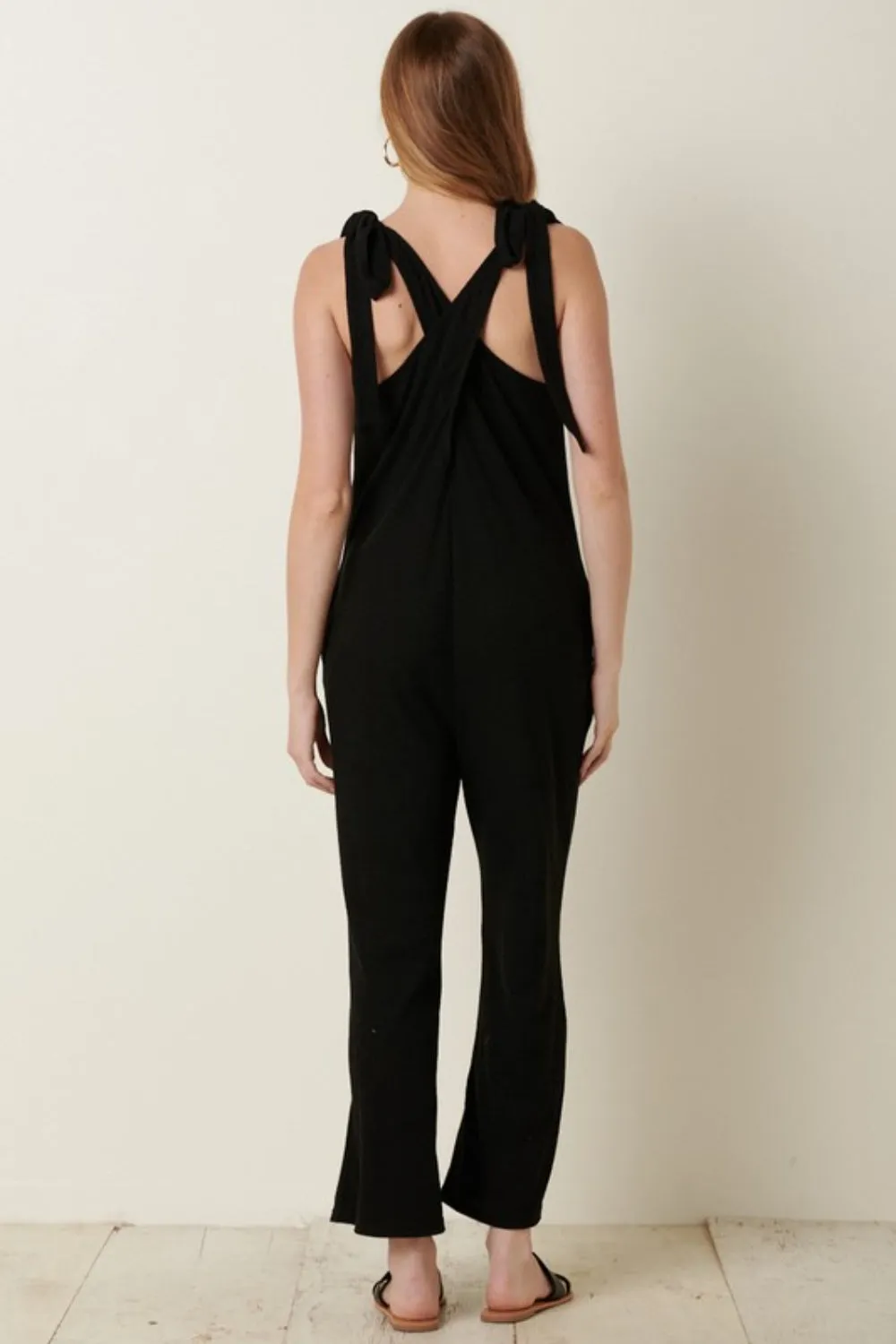 Rib Knit V-Neck Cross Back Jumpsuit