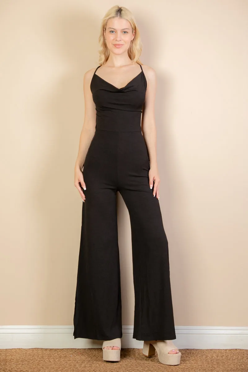 Ribbed Cowl Neck Backless Split Wide Leg Jumpsuit (CAPELLA)