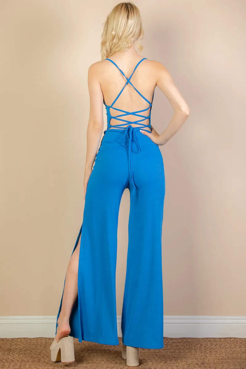 Ribbed Cowl Neck Backless Split Wide Leg Jumpsuit (CAPELLA)