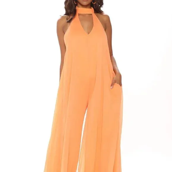 Sexy Orange Wide Leg Backless Jumpsuit