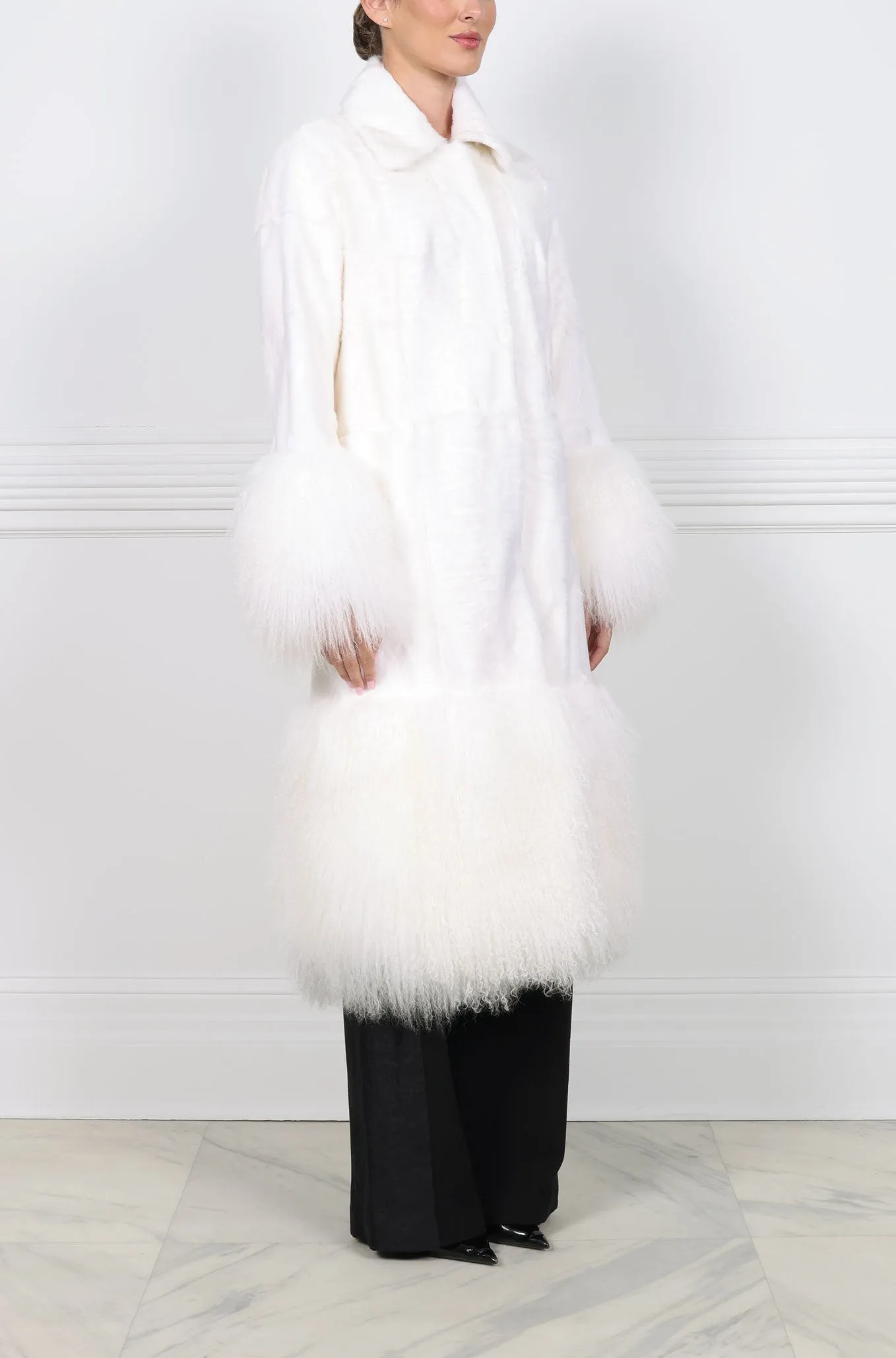 Shearling Coat with Curly Lamb Peplum & Trim