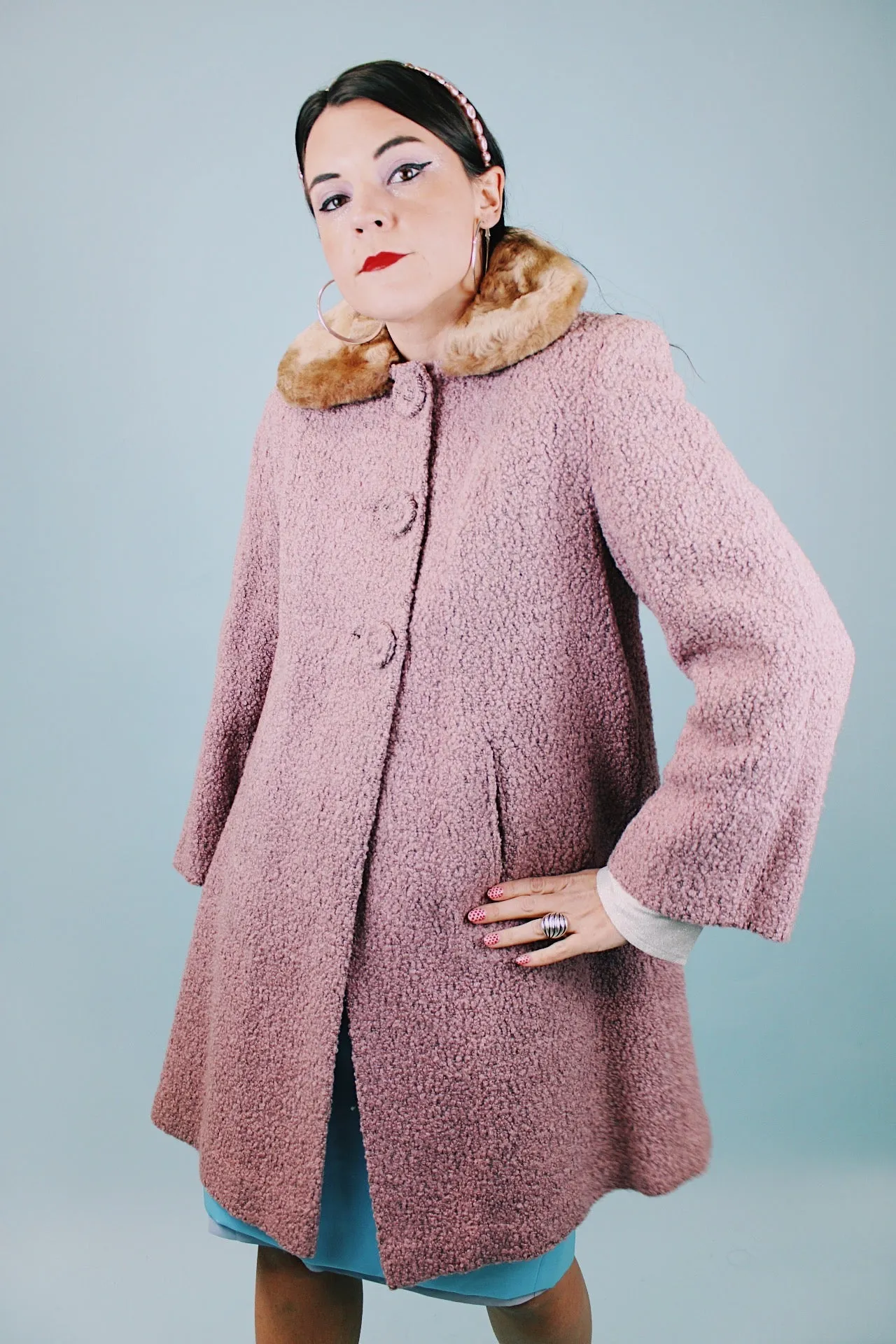 Shearling Wool Coat with Faux Fur Trim