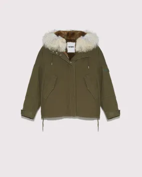 Short classic cotton parka with rabbit and coyote fur