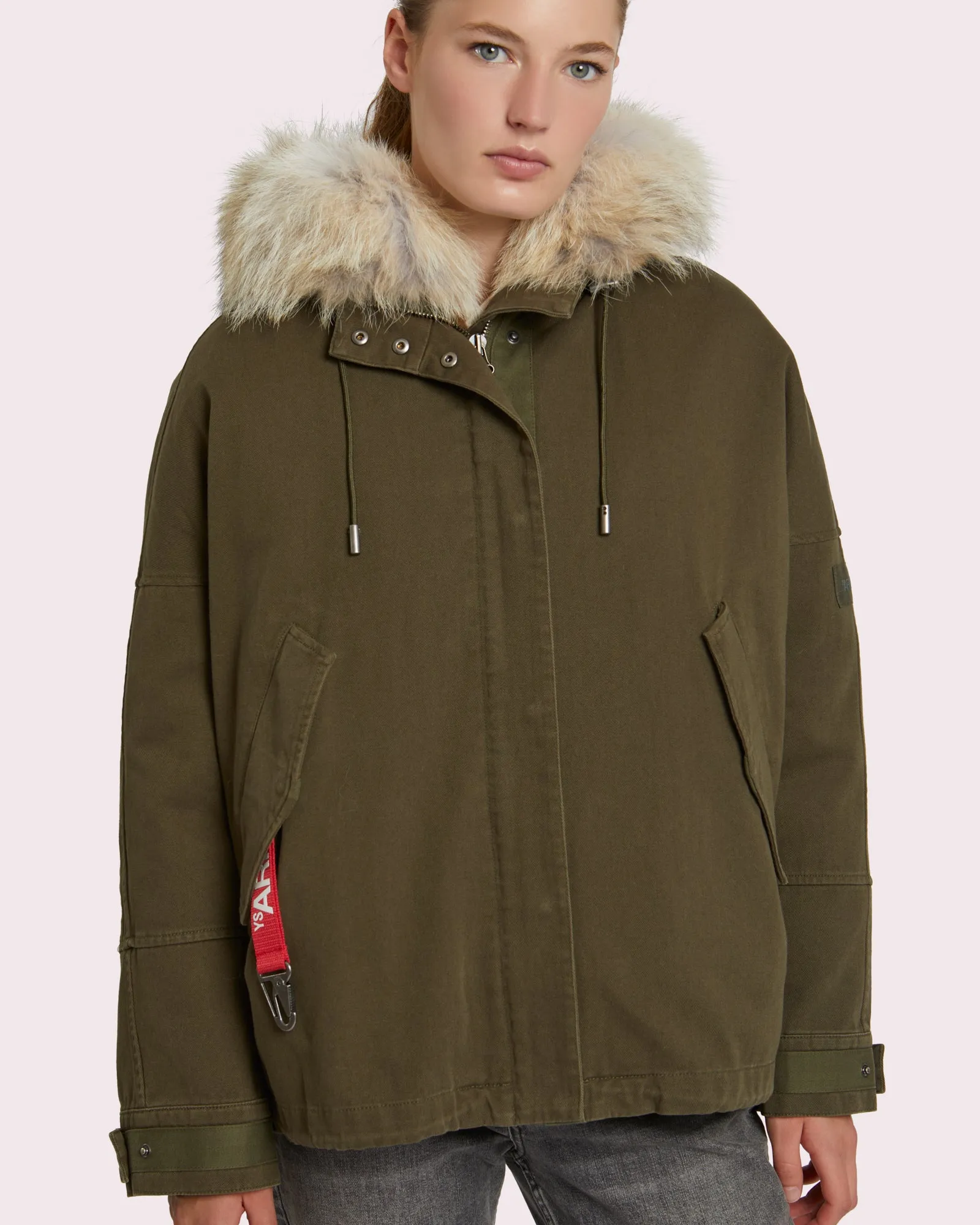 Short classic cotton parka with rabbit and coyote fur