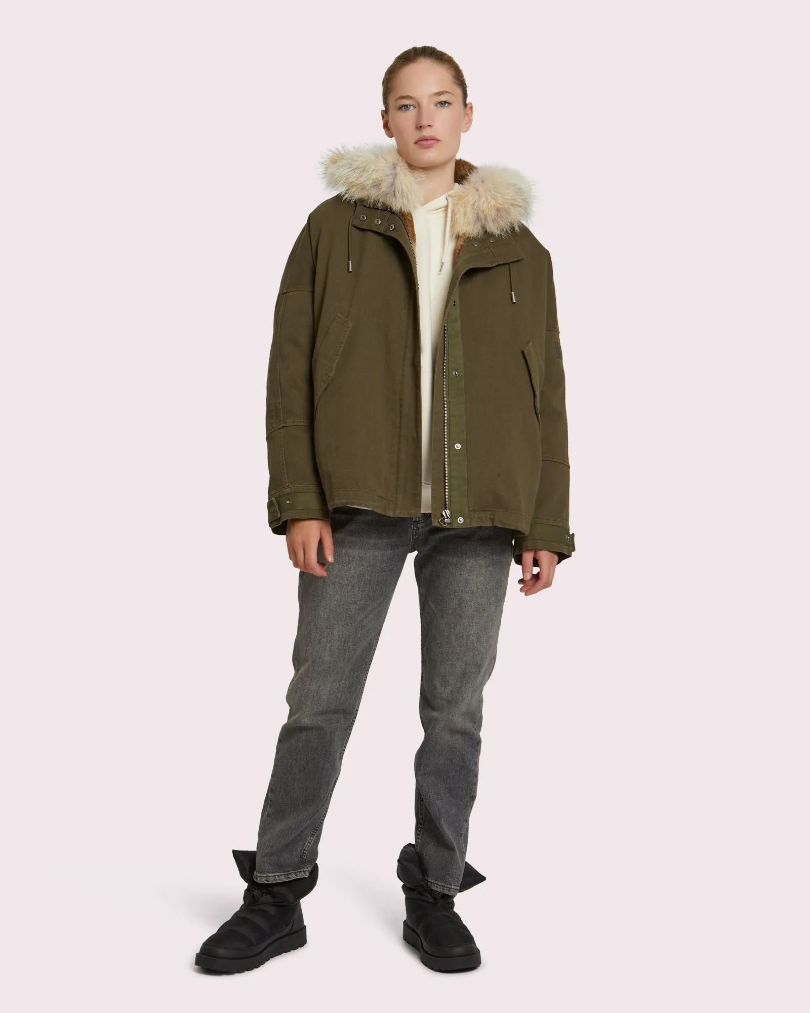 Short classic cotton parka with rabbit and coyote fur