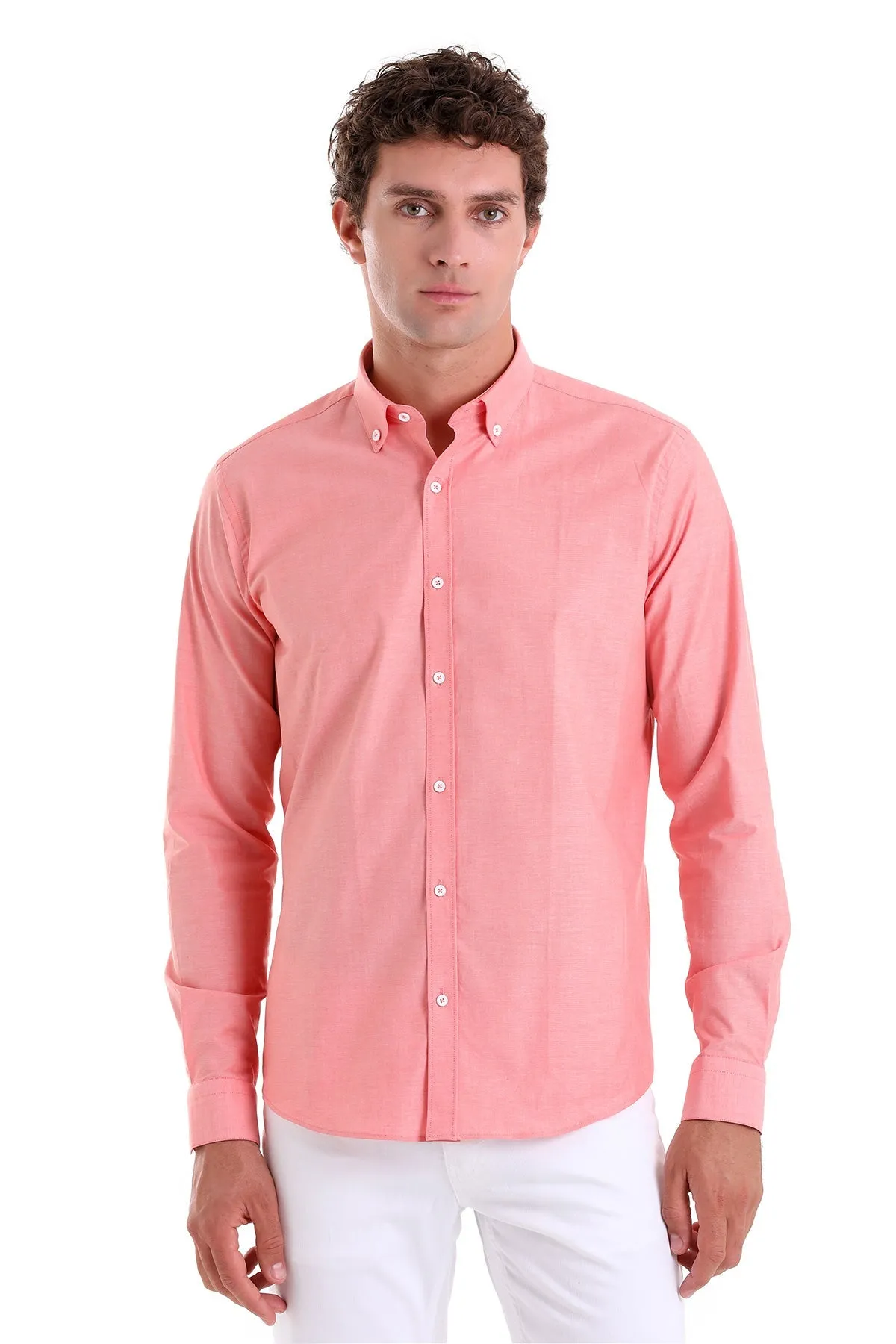 Slim Fit Long Sleeve Cotton Orange Dress Shirt