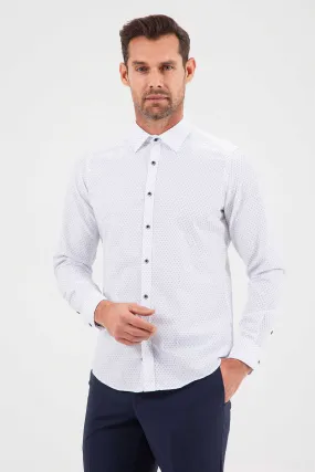 Slim Fit Navy Printed Cotton Blend Dress Shirt