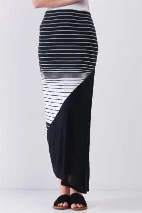 So Noir Black & White Gradient Multi Stripe High Waist Side Slit Detail Maxi Skirt /1-2-2