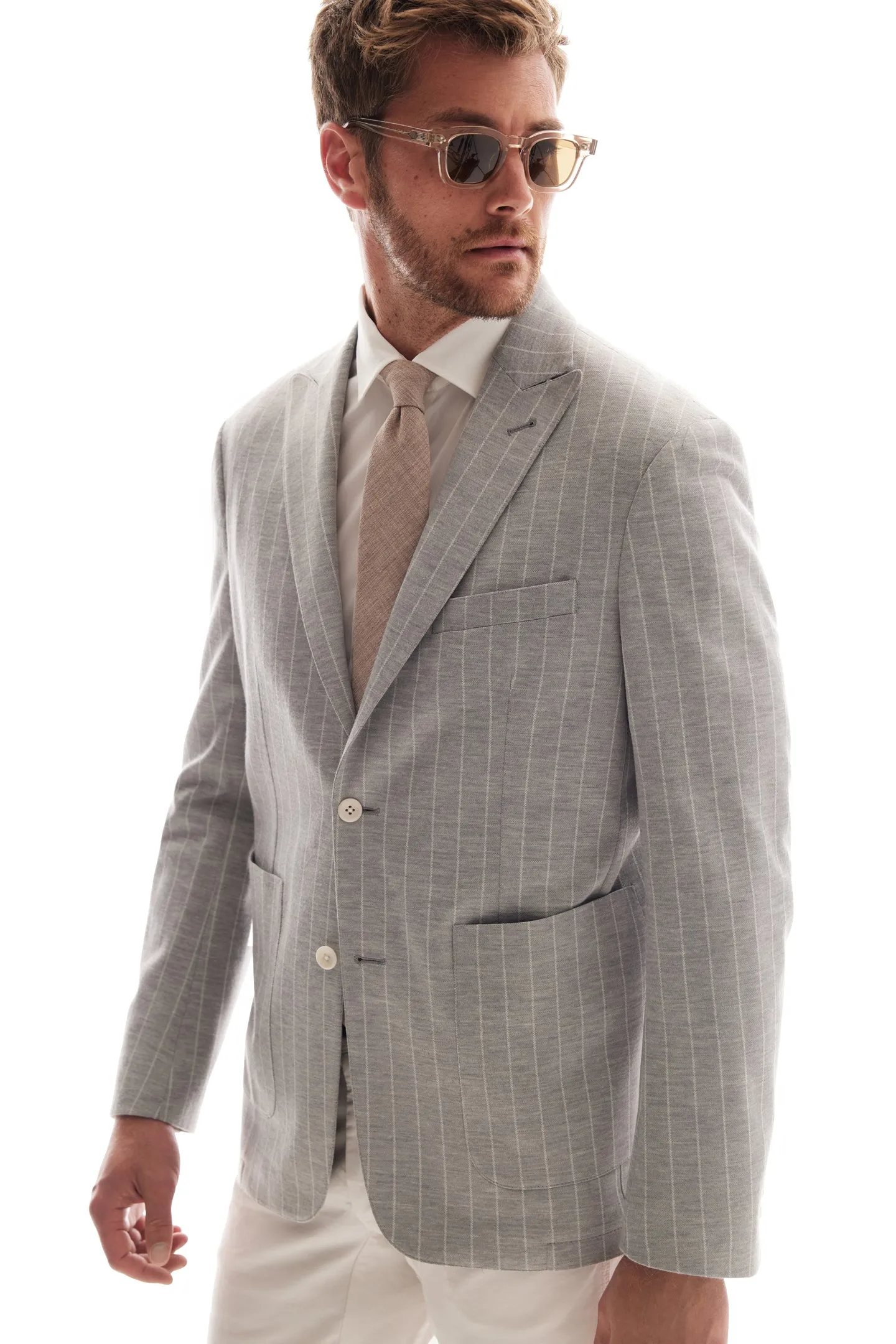 Soft Cloth Peak Lapel Blazer in Pinstripe Jersey - Silver