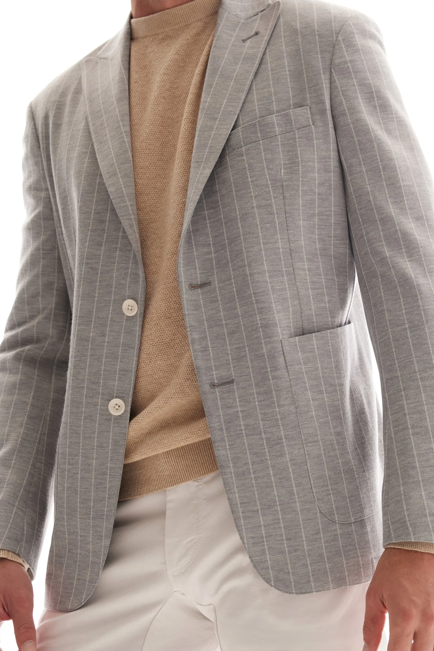 Soft Cloth Peak Lapel Blazer in Pinstripe Jersey - Silver