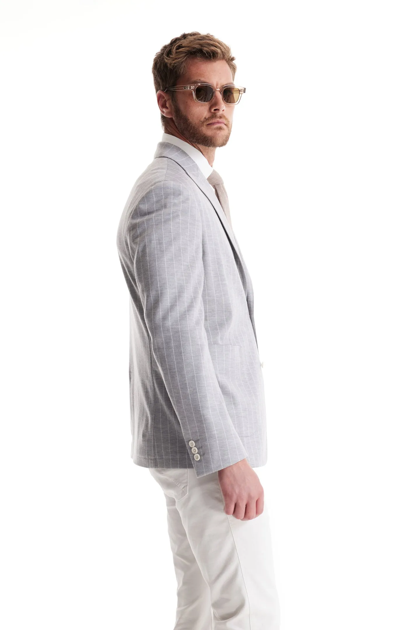 Soft Cloth Peak Lapel Blazer in Pinstripe Jersey - Silver