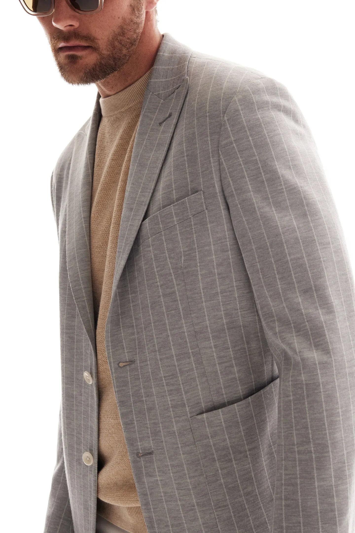 Soft Cloth Peak Lapel Blazer in Pinstripe Jersey - Silver