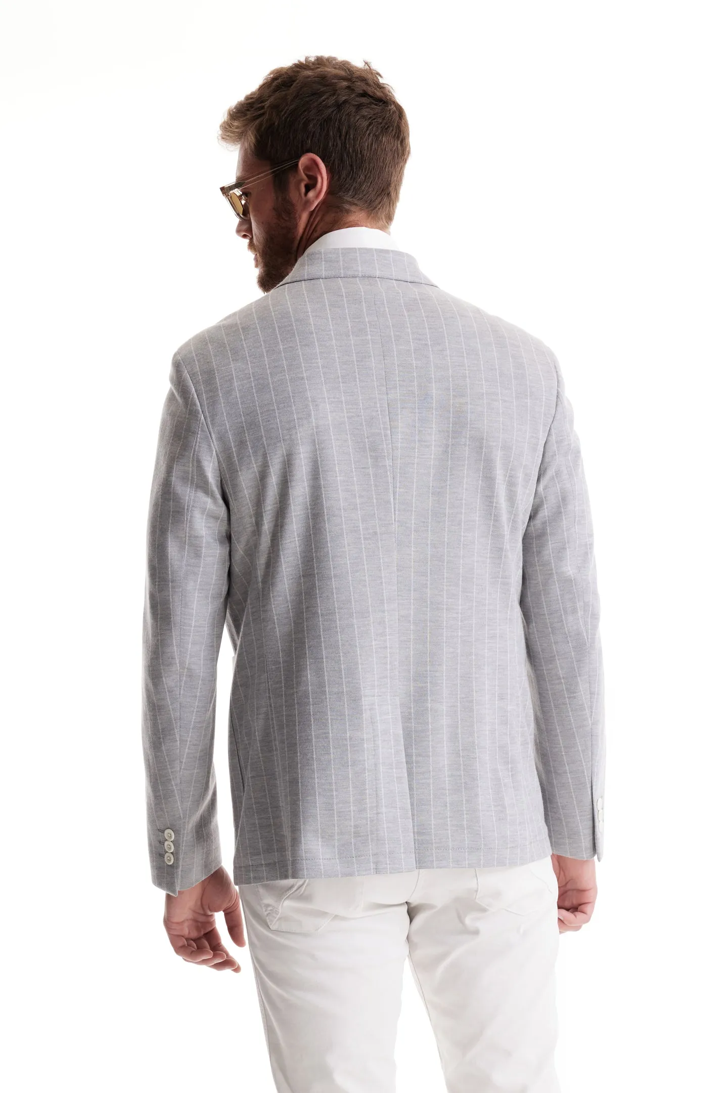 Soft Cloth Peak Lapel Blazer in Pinstripe Jersey - Silver