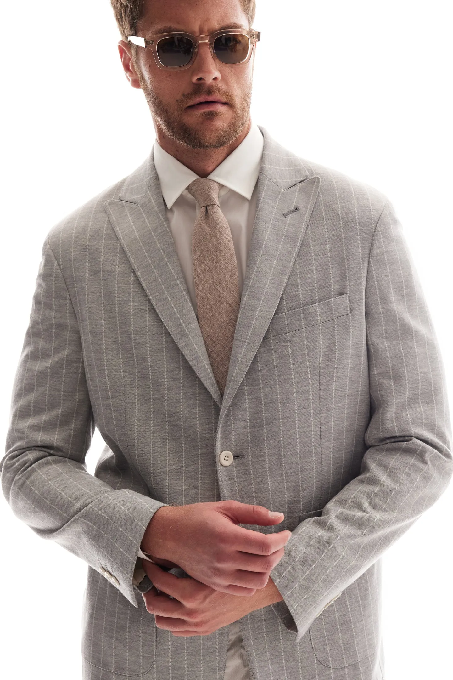 Soft Cloth Peak Lapel Blazer in Pinstripe Jersey - Silver