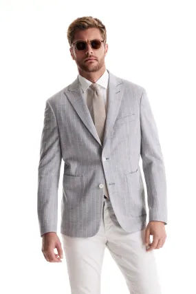 Soft Cloth Peak Lapel Blazer in Pinstripe Jersey - Silver