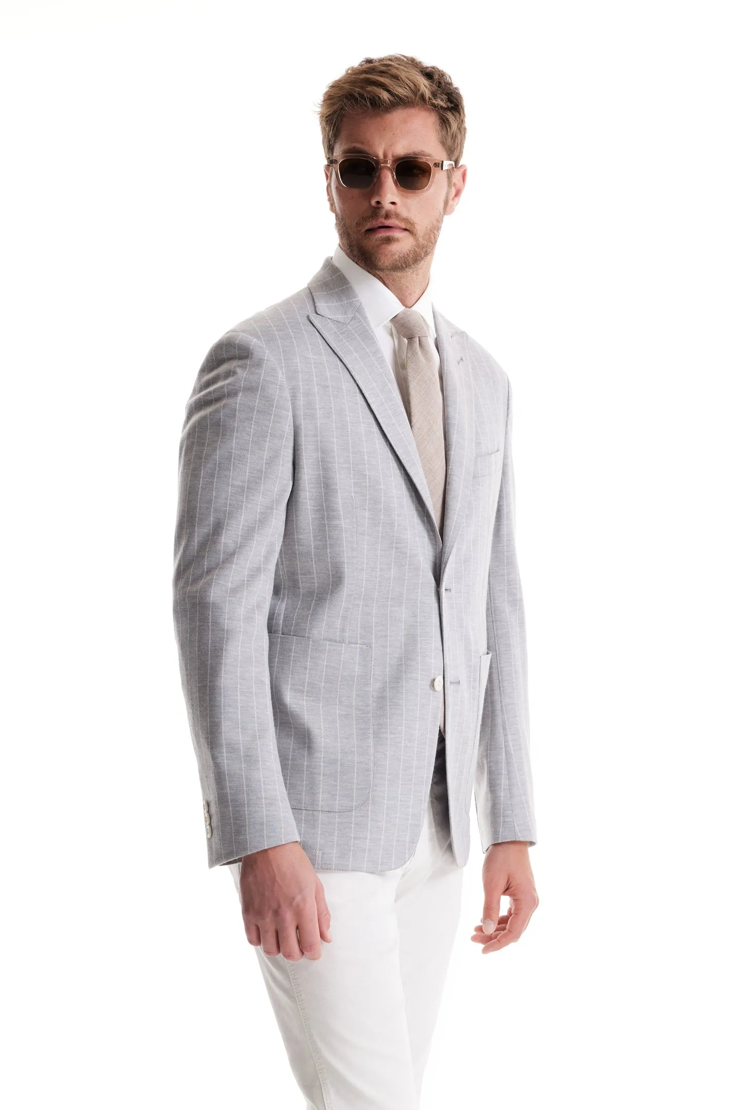 Soft Cloth Peak Lapel Blazer in Pinstripe Jersey - Silver