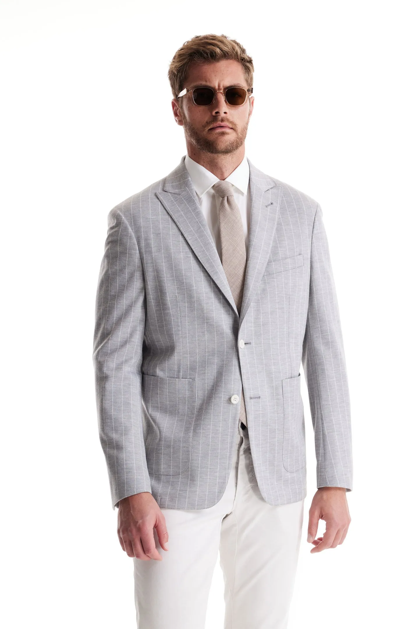 Soft Cloth Peak Lapel Blazer in Pinstripe Jersey - Silver