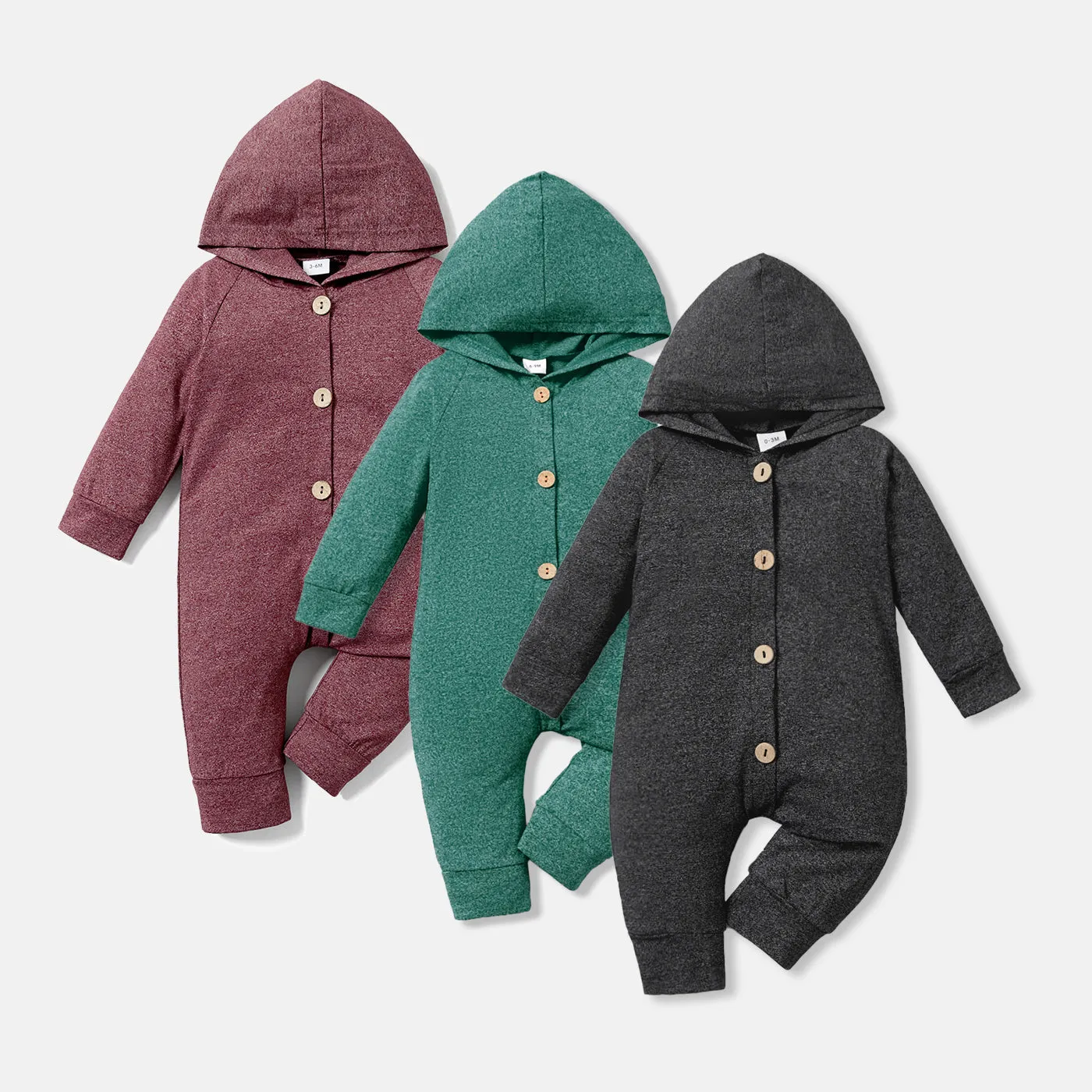 Solid Hooded Long-sleeve Baby Jumpsuit