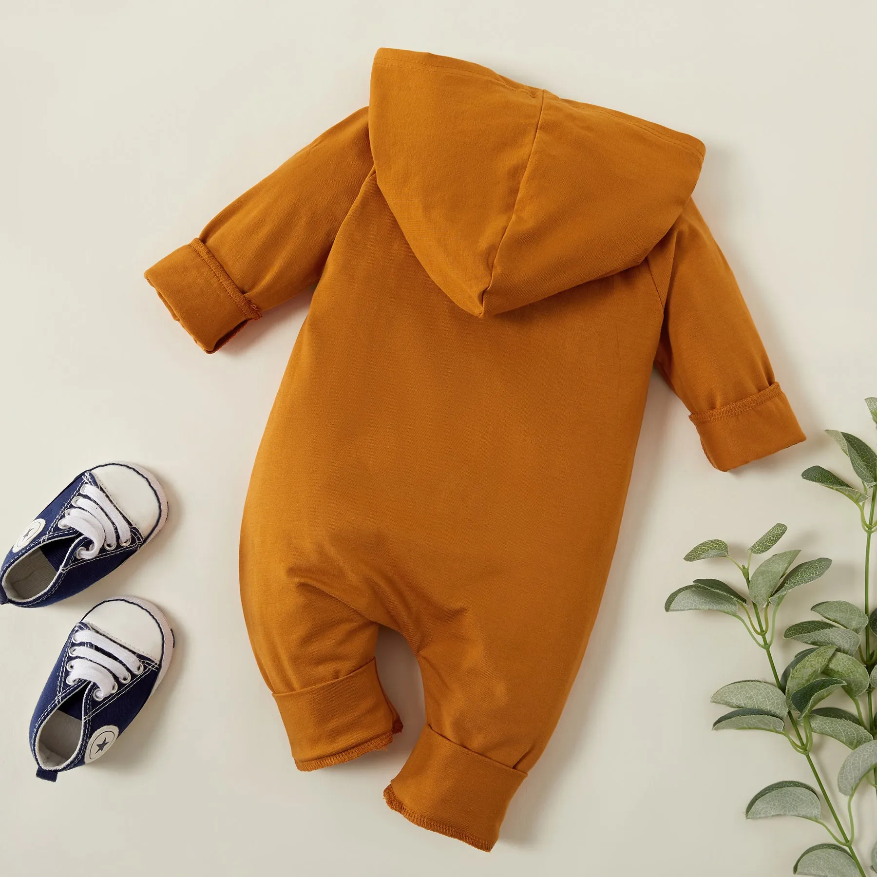 Solid Hooded Long-sleeve Baby Jumpsuit