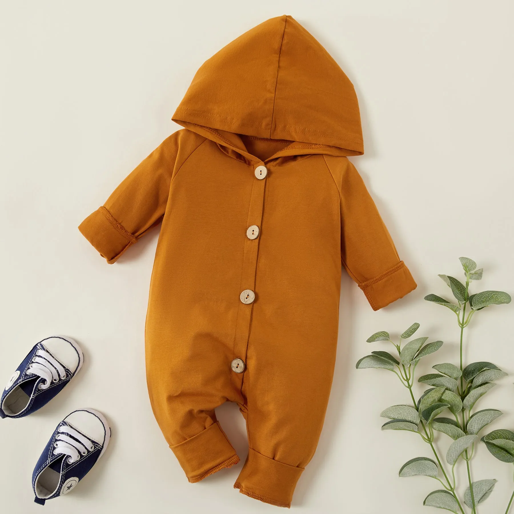 Solid Hooded Long-sleeve Baby Jumpsuit