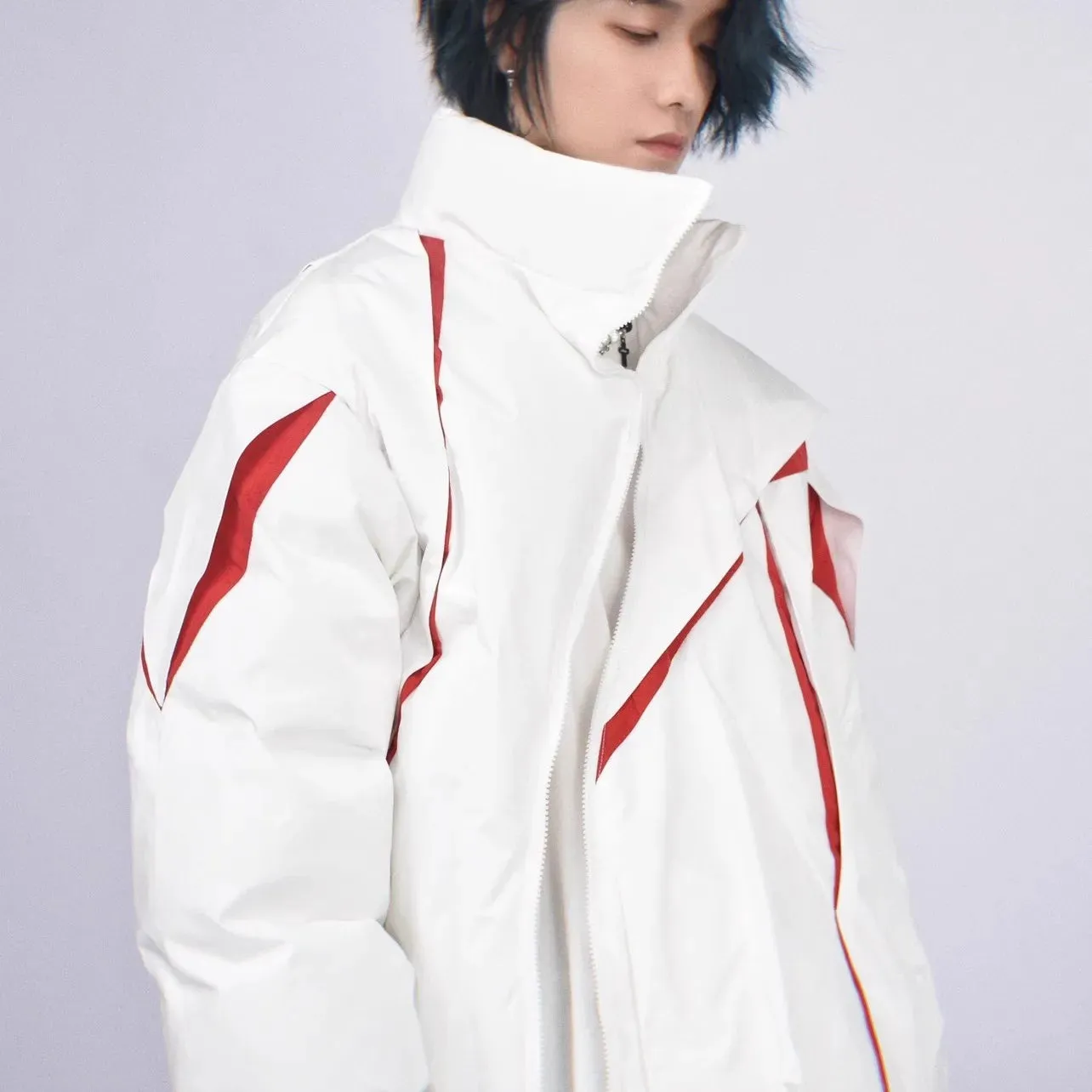 Spliced Asymmetric Zip Down Puffer Jacket