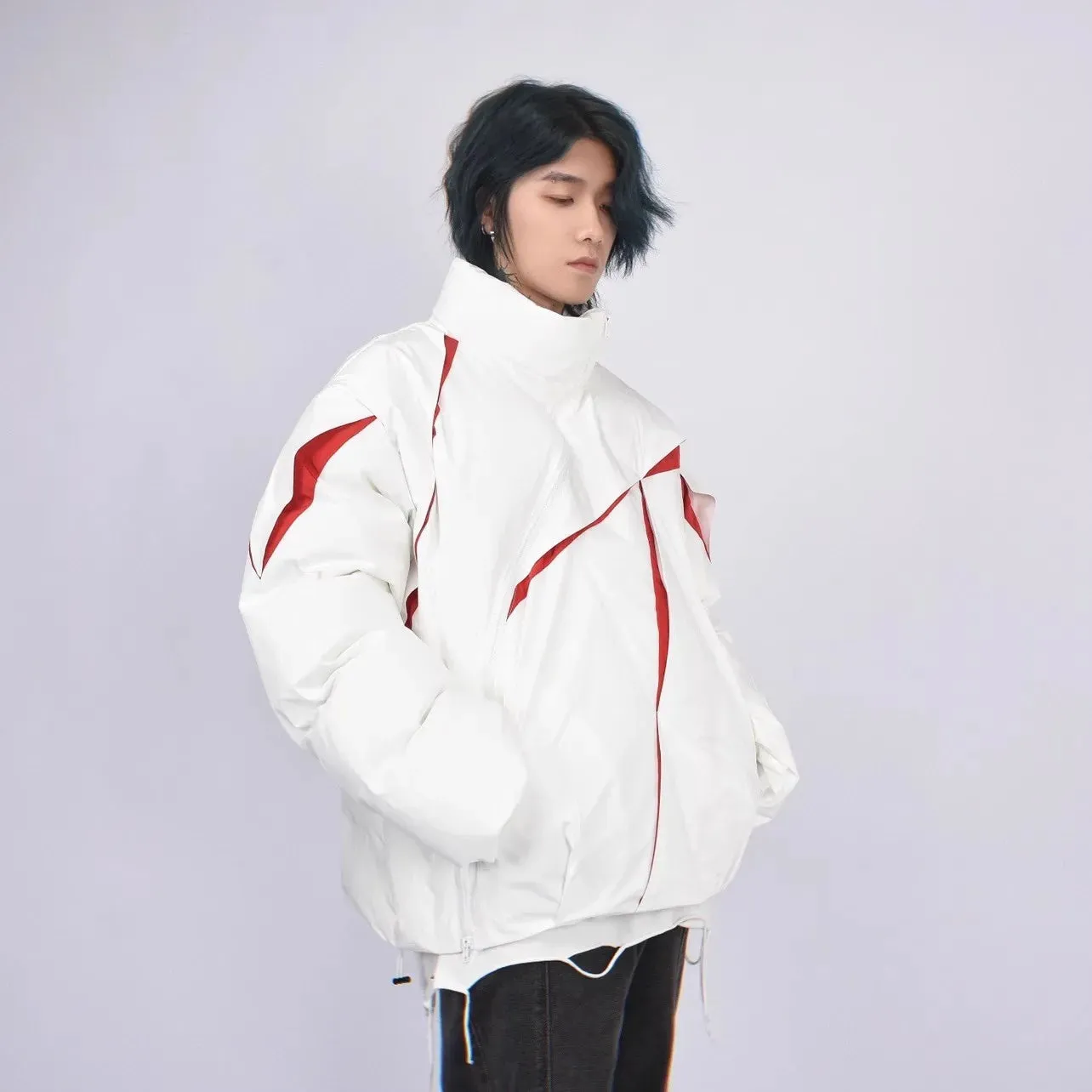 Spliced Asymmetric Zip Down Puffer Jacket