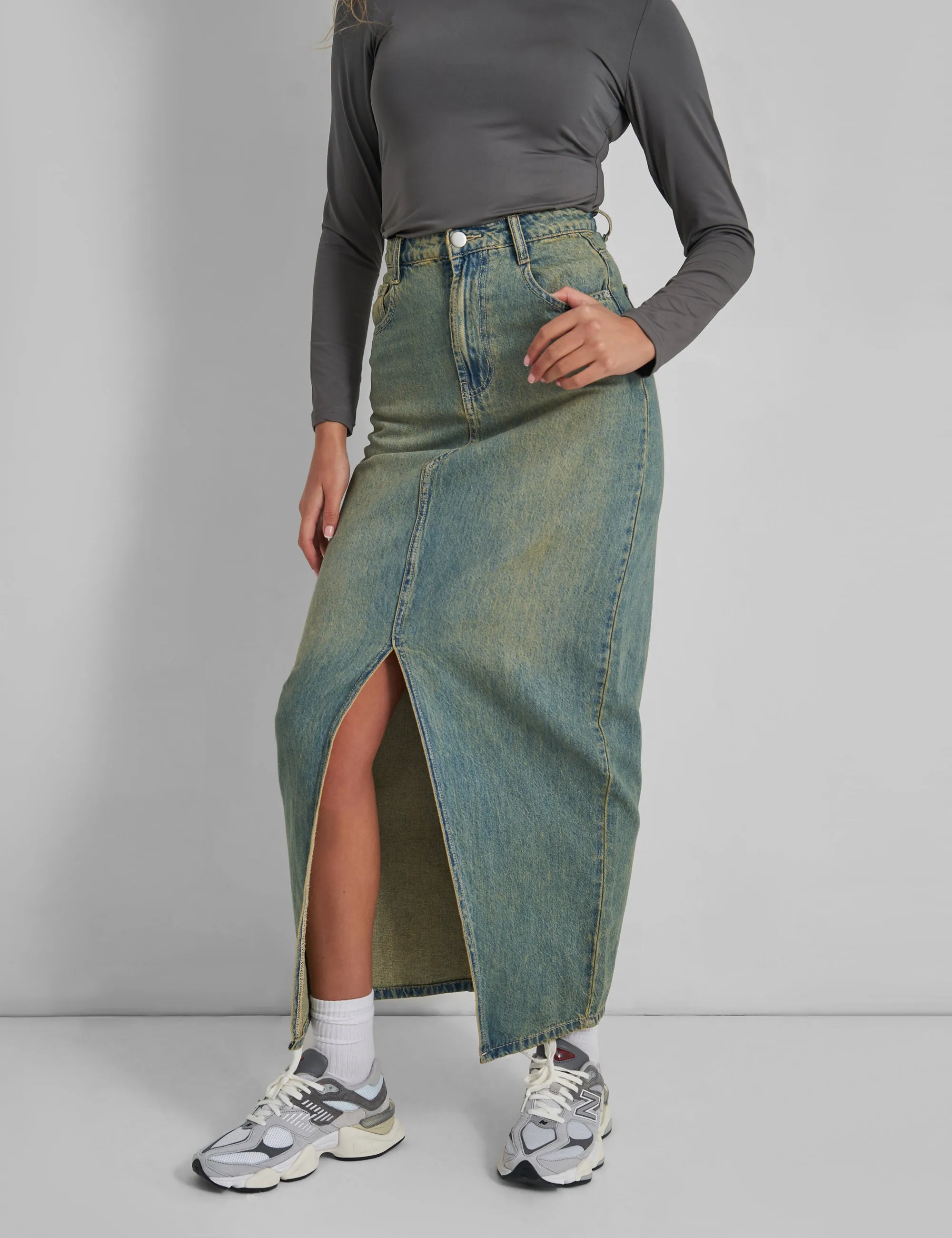 Split Front Denim Maxi Skirt Vintage Wash