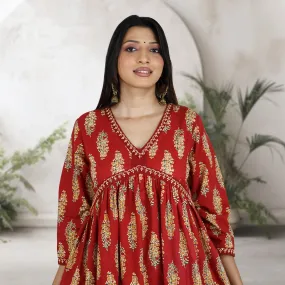 SRISHTI Pure Cotton Block Print, Red Long Dress Kurta