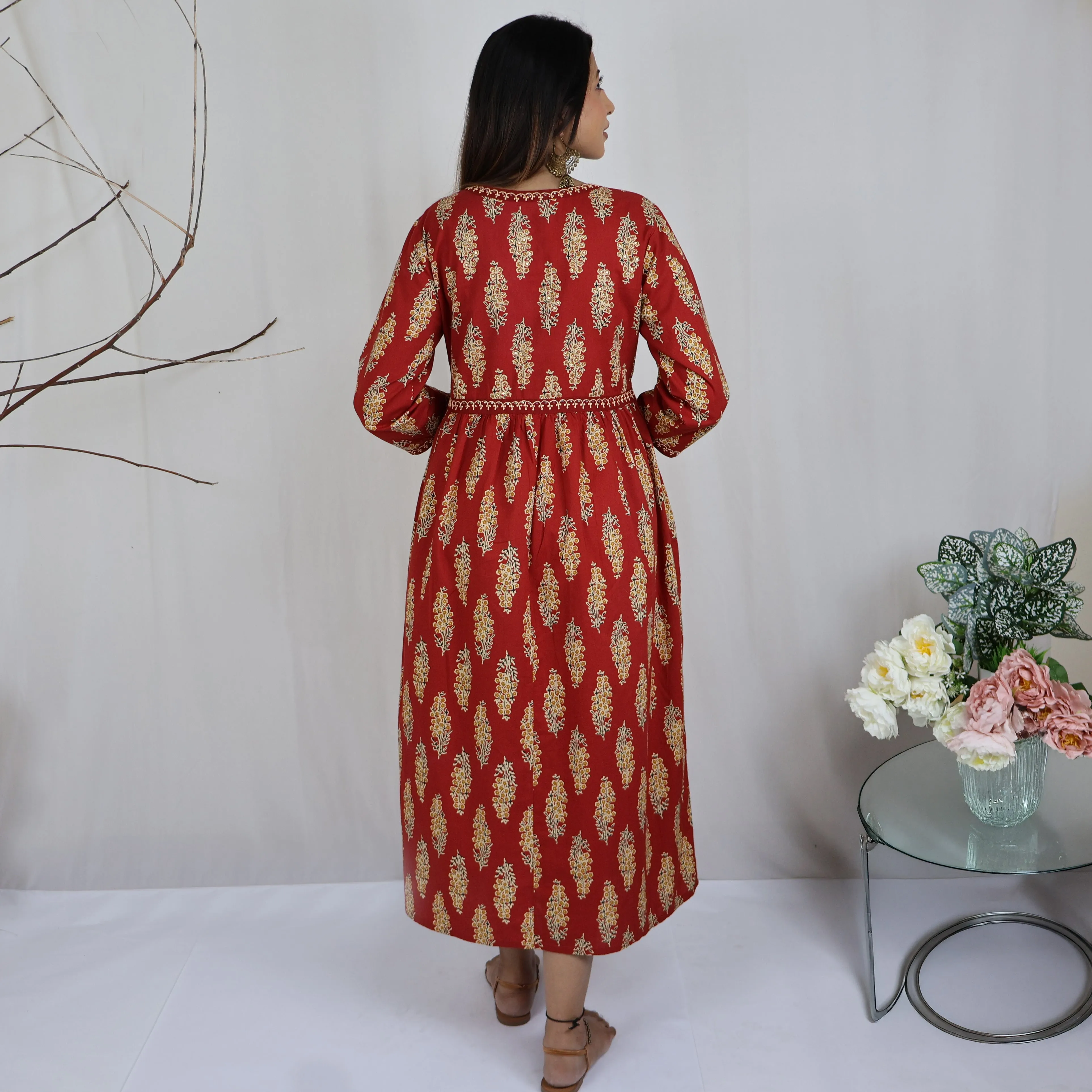 SRISHTI Pure Cotton Block Print, Red Long Dress Kurta