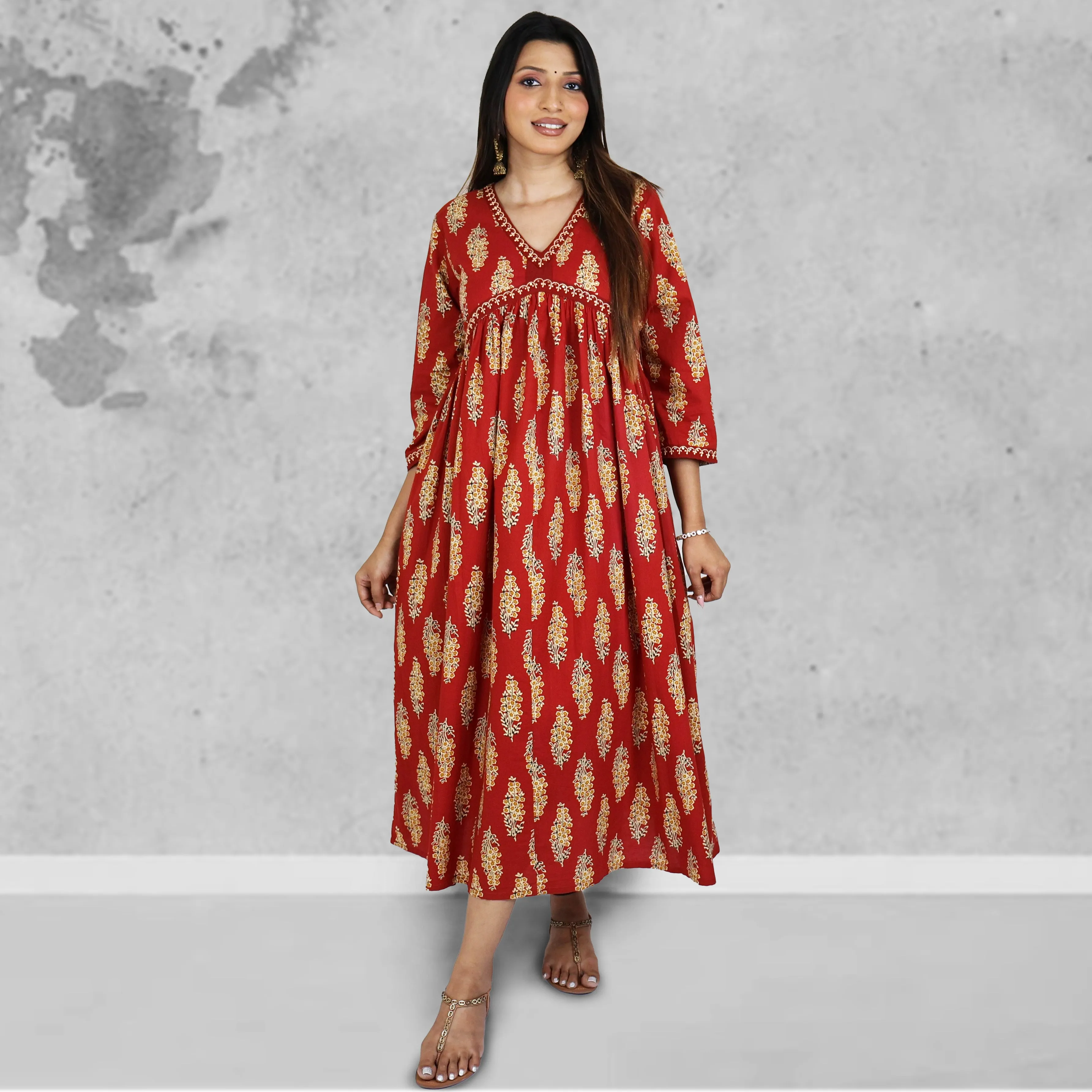 SRISHTI Pure Cotton Block Print, Red Long Dress Kurta