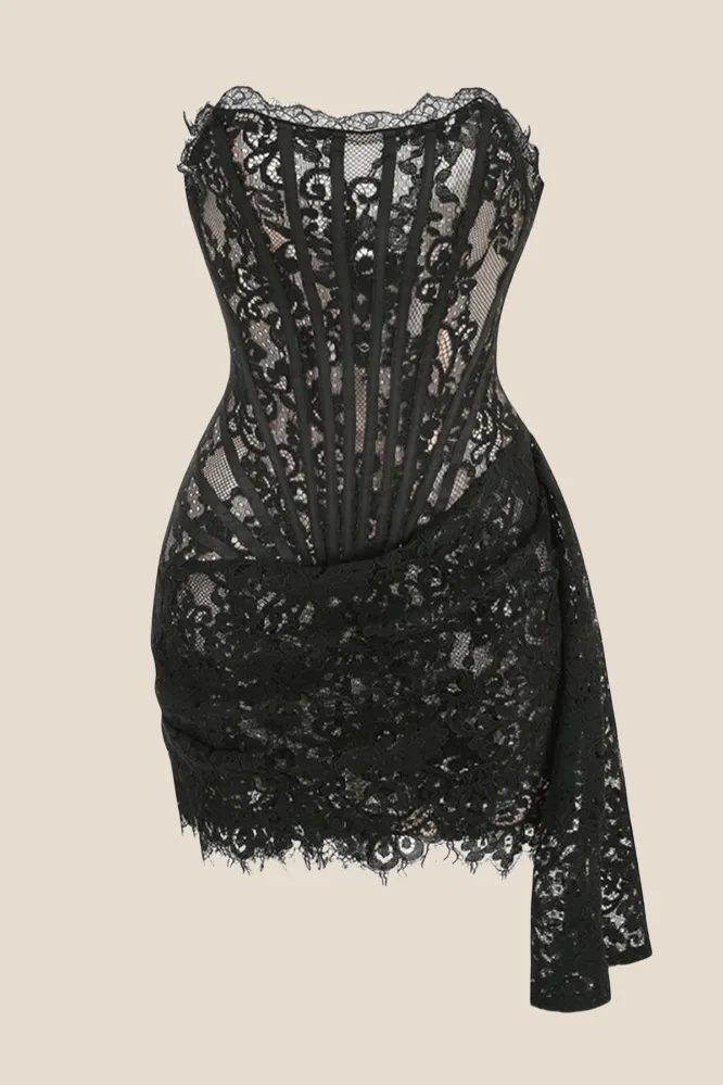 Strapless Black Tight Lace Short Dress with Shawl