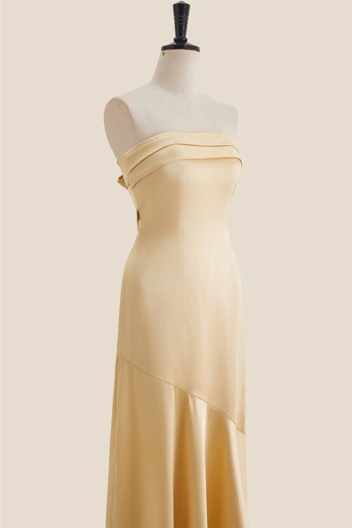 Strapless Golden Sheath Long Dress with Back Bow