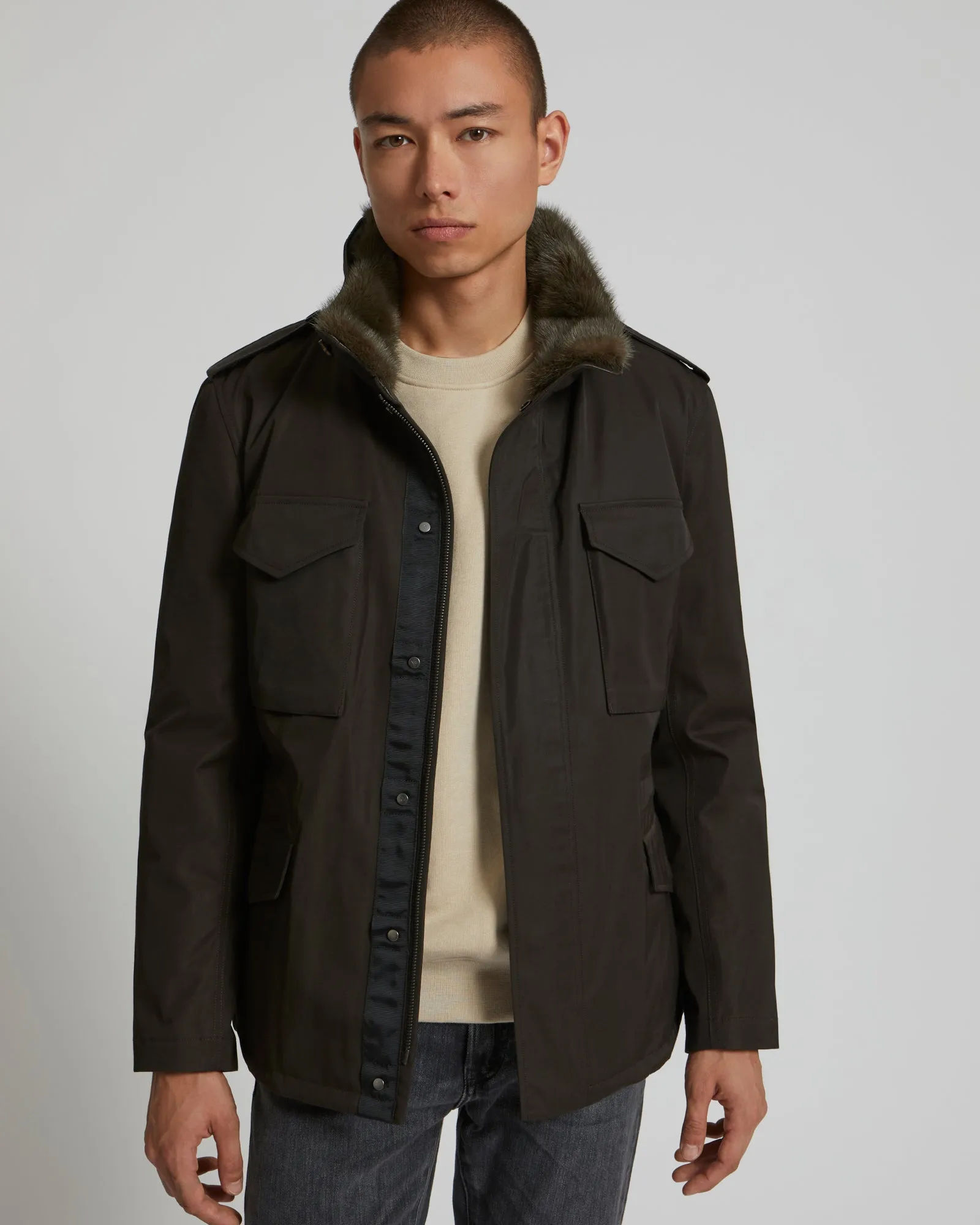 Technical Gabardine Field Jacket With Mink Collar