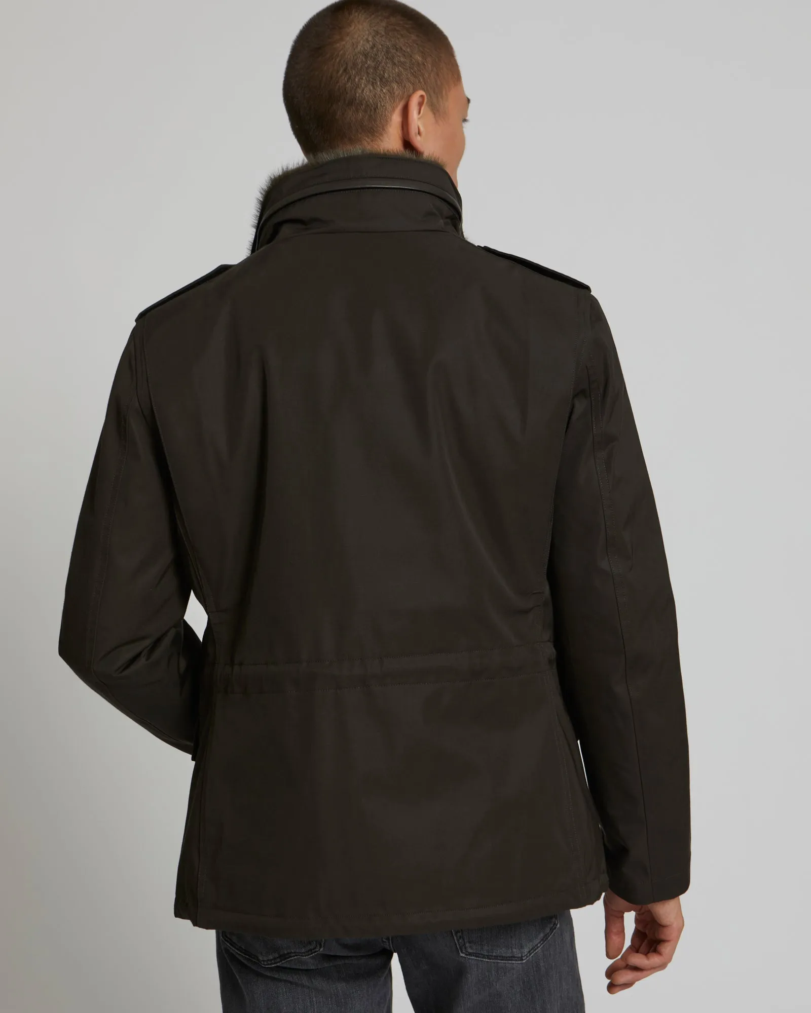 Technical Gabardine Field Jacket With Mink Collar