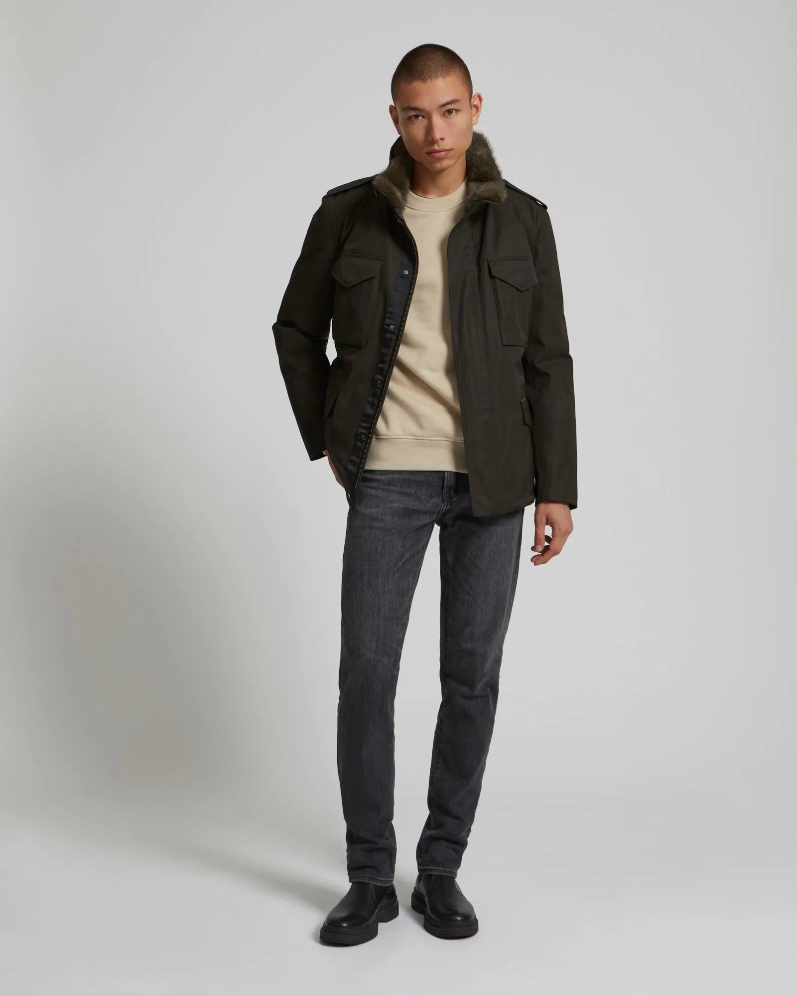 Technical Gabardine Field Jacket With Mink Collar