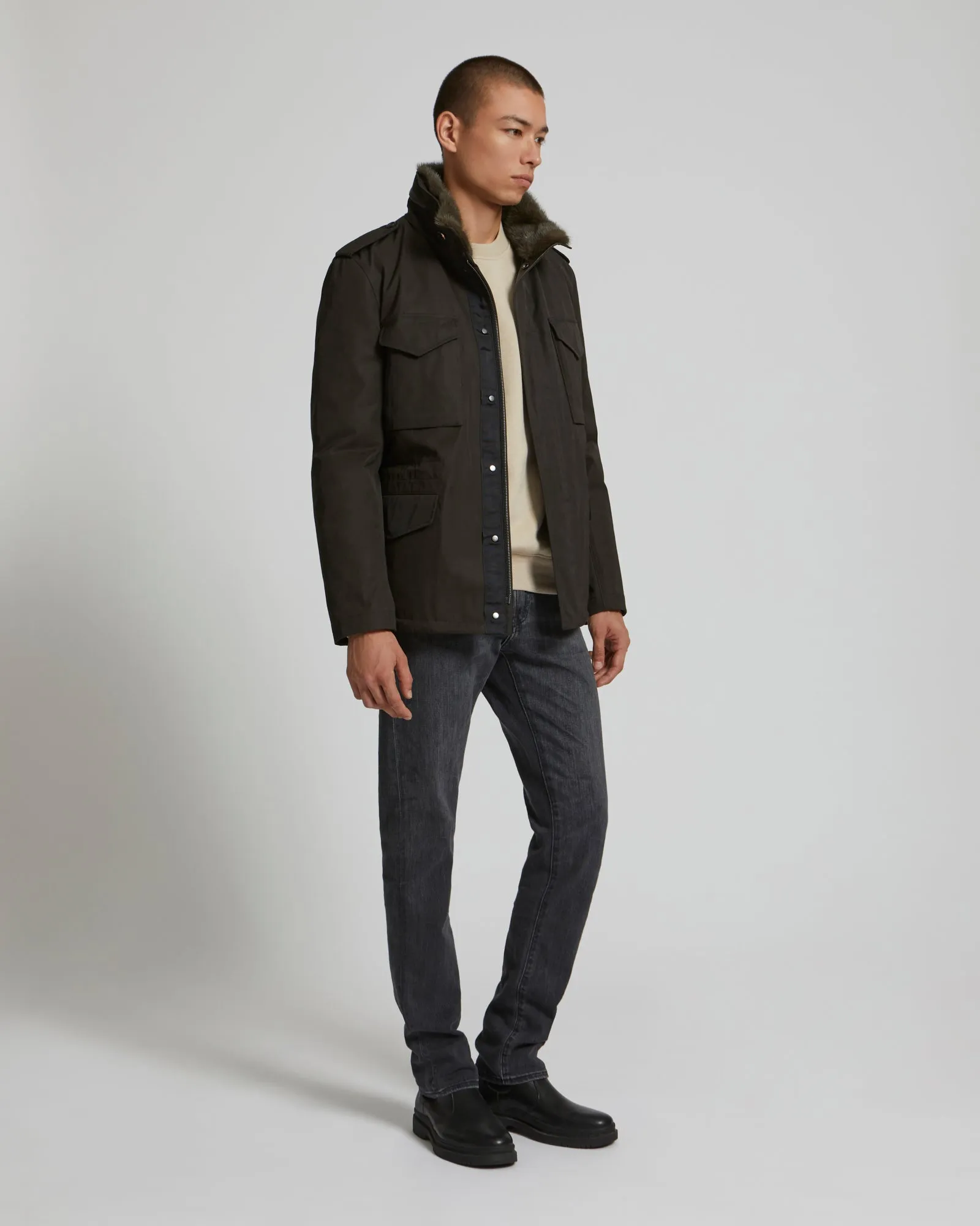 Technical Gabardine Field Jacket With Mink Collar