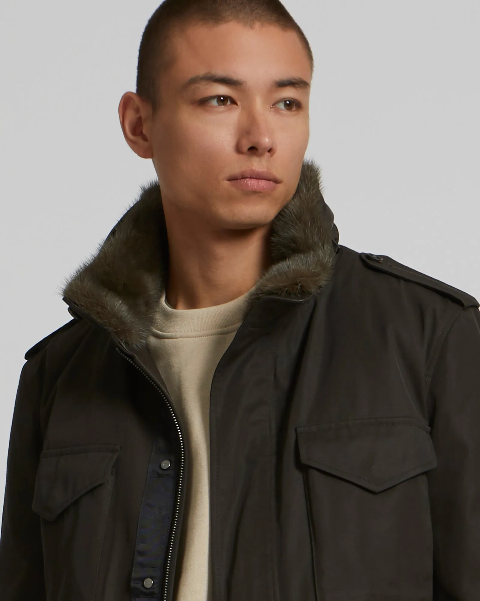 Technical Gabardine Field Jacket With Mink Collar