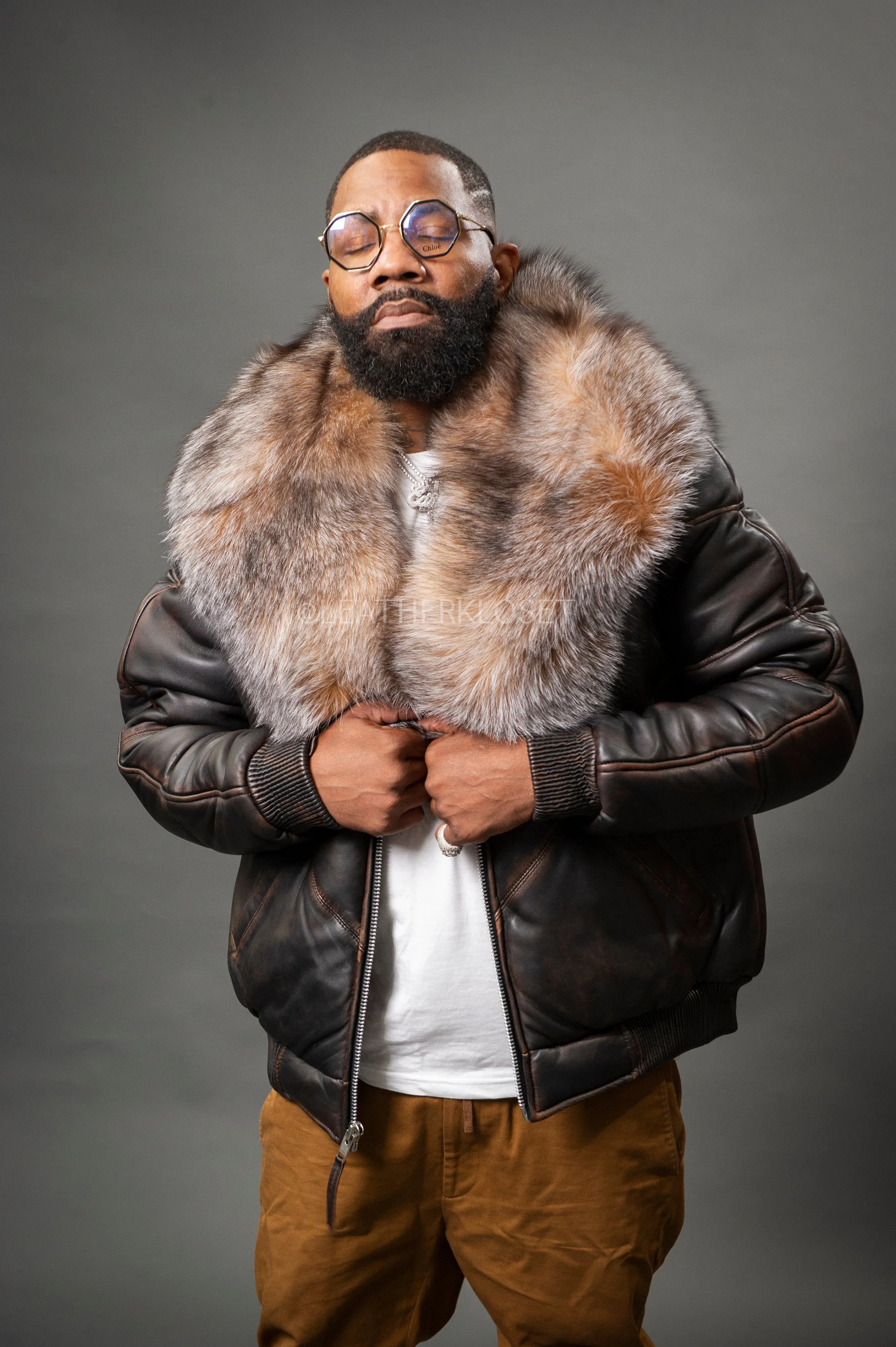 V-Bomber Leather Premium Full Fox Fur Collar [Copper]