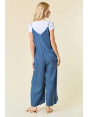 V-Neckline Wide Leg Denim Jumpsuit