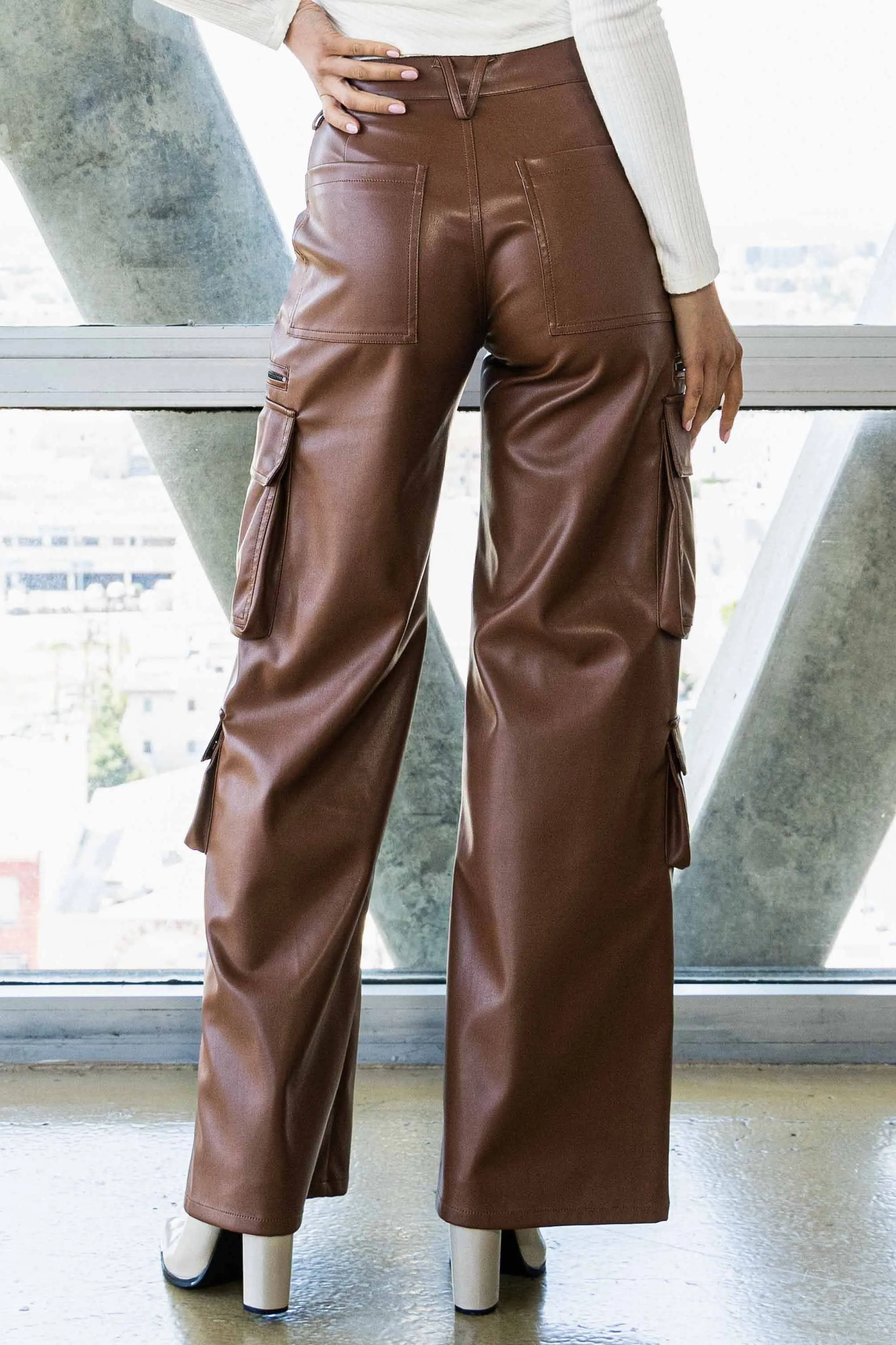 Vegan Leather Cargo Wide Leg Pants