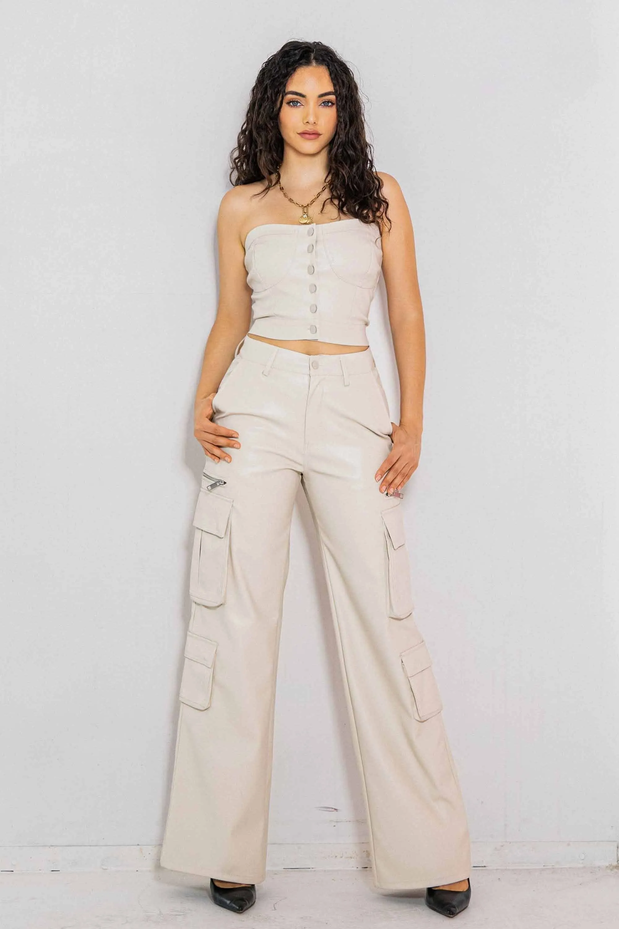 Vegan Leather Cargo Wide Leg Pants