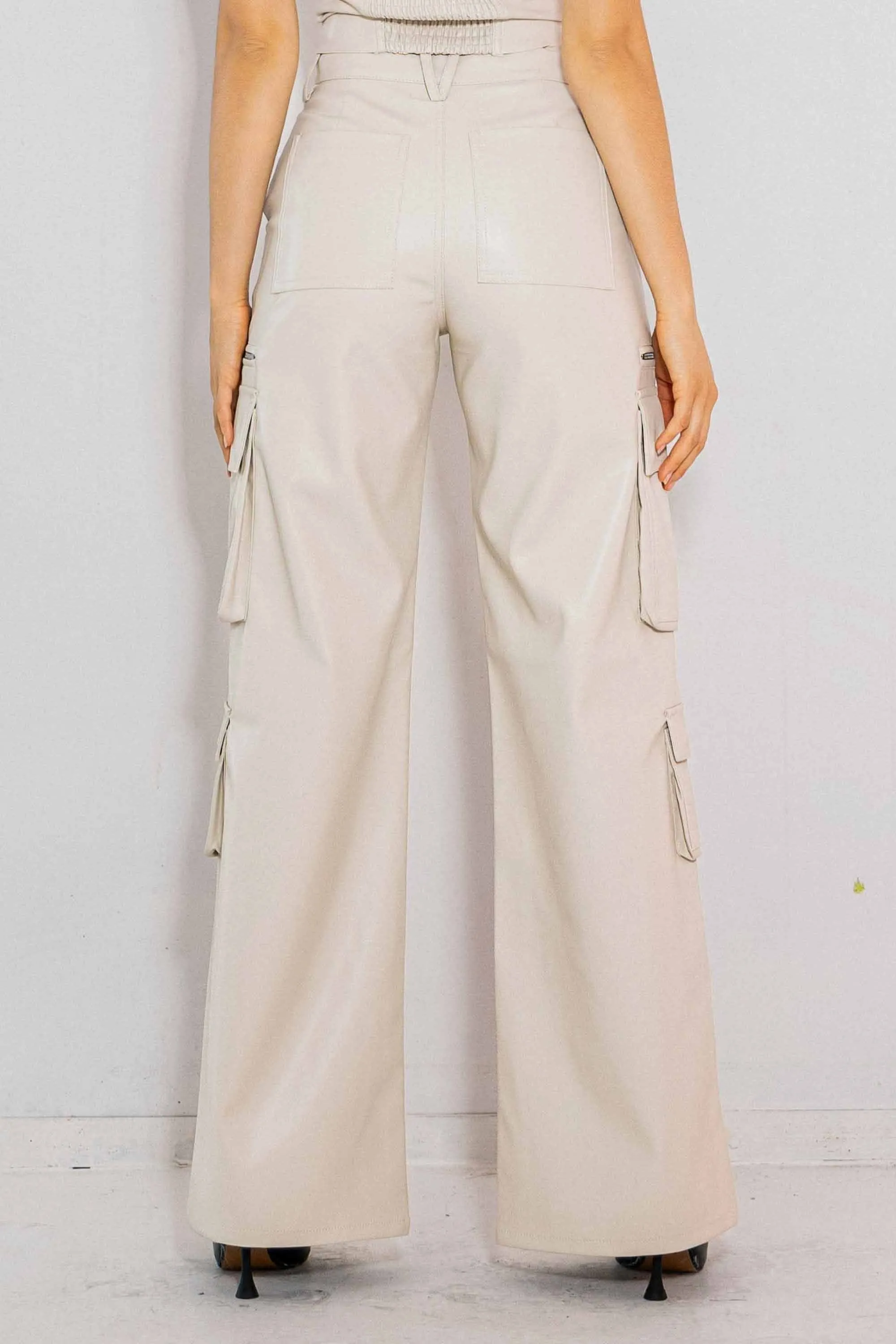 Vegan Leather Cargo Wide Leg Pants