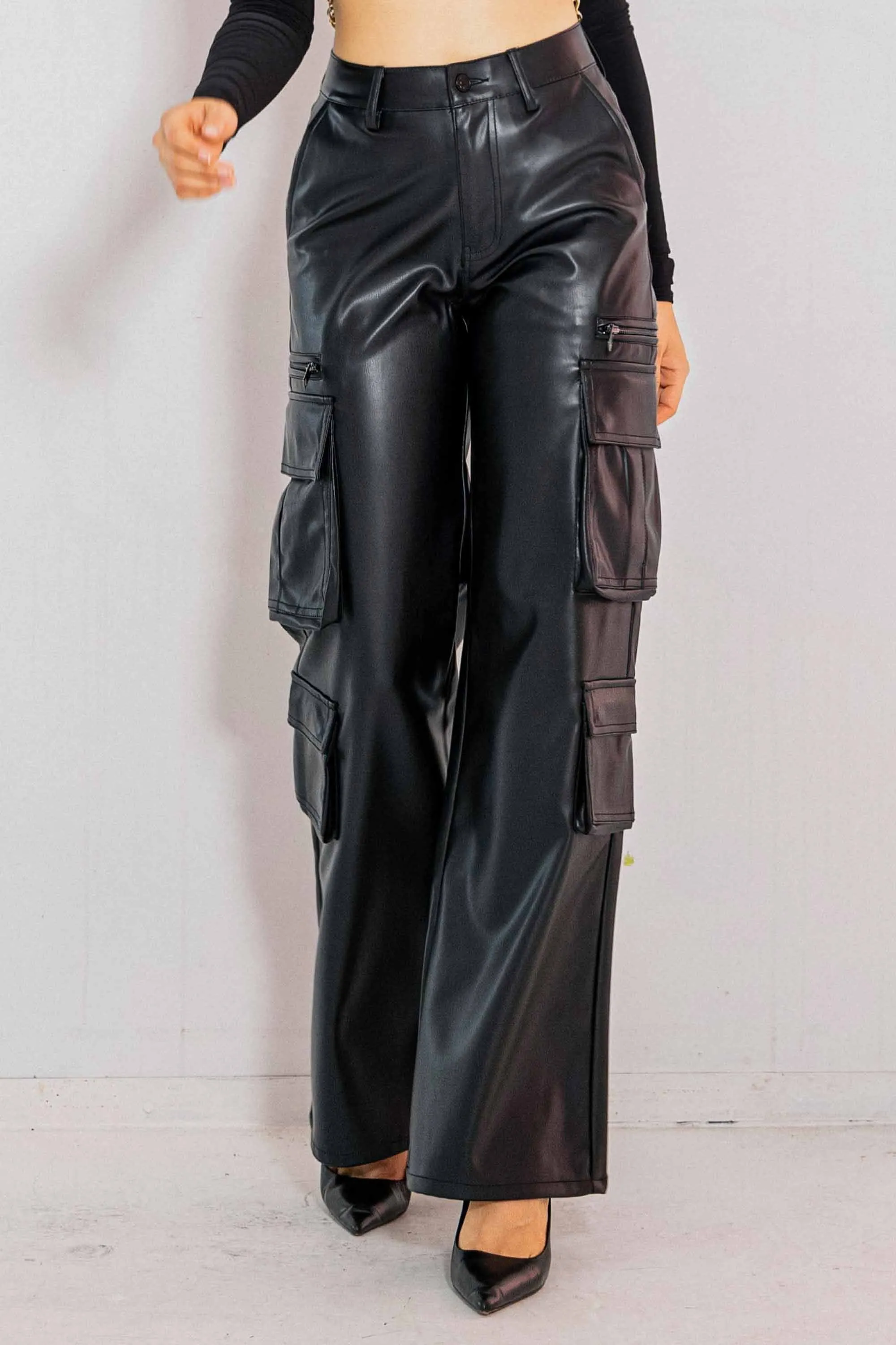 Vegan Leather Cargo Wide Leg Pants