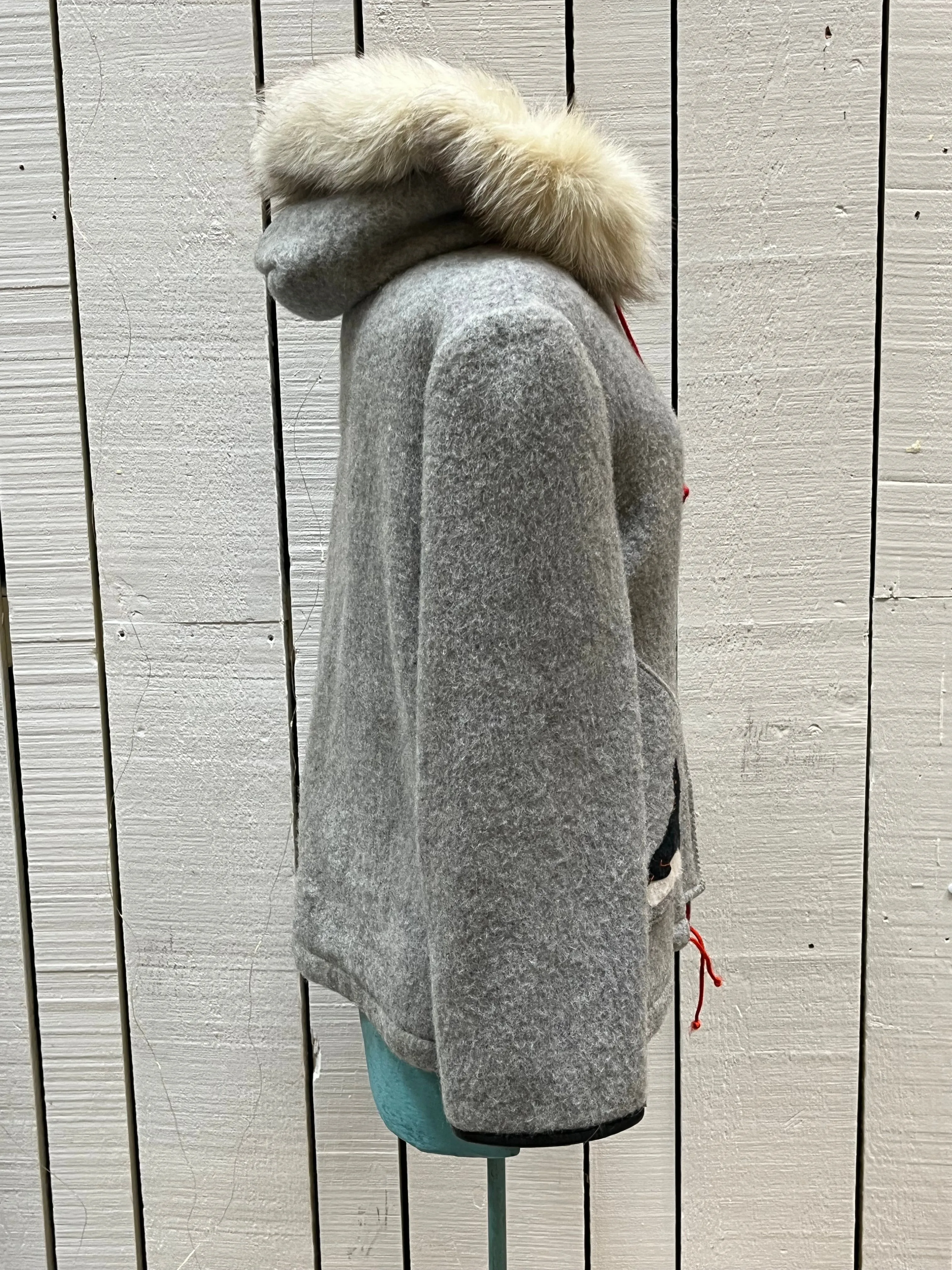 Vintage James Bay Grey Wool Northern Parka with Fox Fur Trimmed Hood and Seal Motif, Made in Canada, Chest 44”