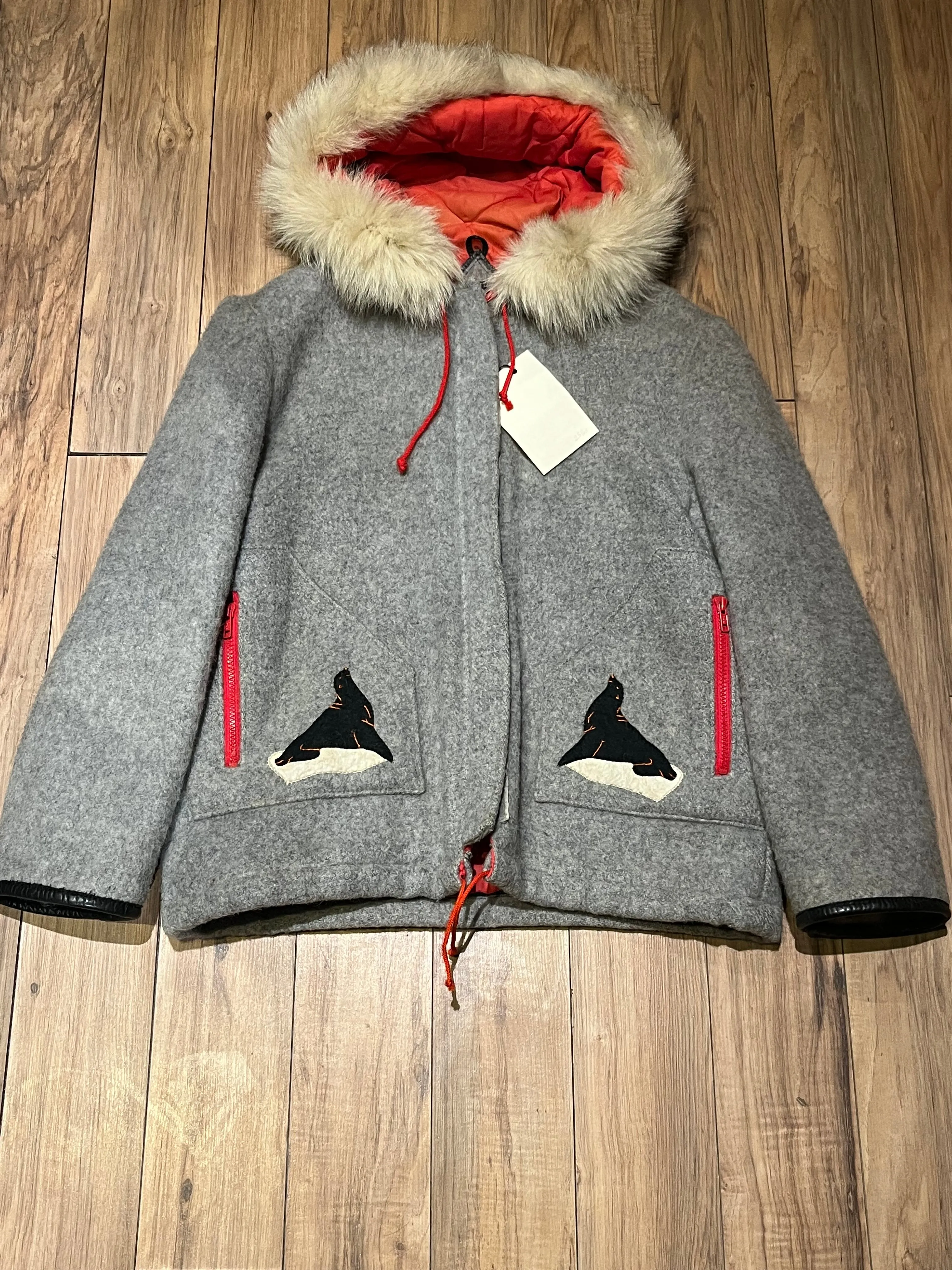 Vintage James Bay Grey Wool Northern Parka with Fox Fur Trimmed Hood and Seal Motif, Made in Canada, Chest 44”