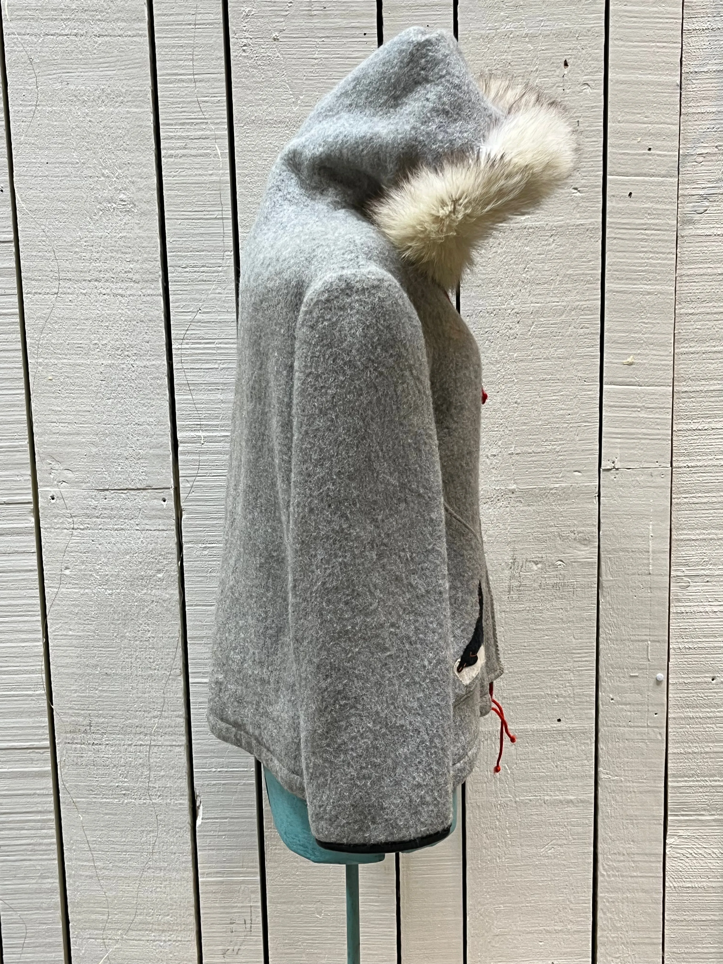 Vintage James Bay Grey Wool Northern Parka with Fox Fur Trimmed Hood and Seal Motif, Made in Canada, Chest 44”